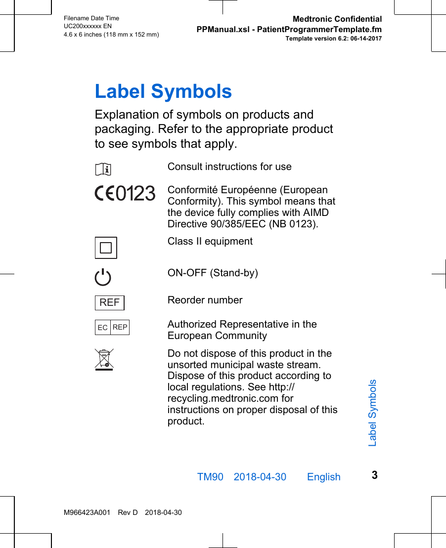 Label SymbolsExplanation of symbols on products andpackaging. Refer to the appropriate productto see symbols that apply.Consult instructions for useConformité Européenne (EuropeanConformity). This symbol means thatthe device fully complies with AIMDDirective 90/385/EEC (NB 0123).Class II equipmentON-OFF (Stand-by)REFReorder numberEC REPAuthorized Representative in theEuropean CommunityDo not dispose of this product in theunsorted municipal waste stream.Dispose of this product according tolocal regulations. See http://recycling.medtronic.com forinstructions on proper disposal of thisproduct.TM90 2018-04-30  English Filename Date TimeUC200xxxxxx EN4.6 x 6 inches (118 mm x 152 mm)Medtronic ConfidentialPPManual.xsl - PatientProgrammerTemplate.fmTemplate version 6.2: 06-14-2017M966423A001 Rev D 2018-04-303Label Symbols