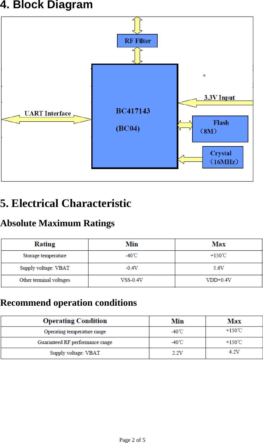 Page 2 of 5  4. Block Diagram   5. Electrical Characteristic Absolute Maximum Ratings  Recommend operation conditions  