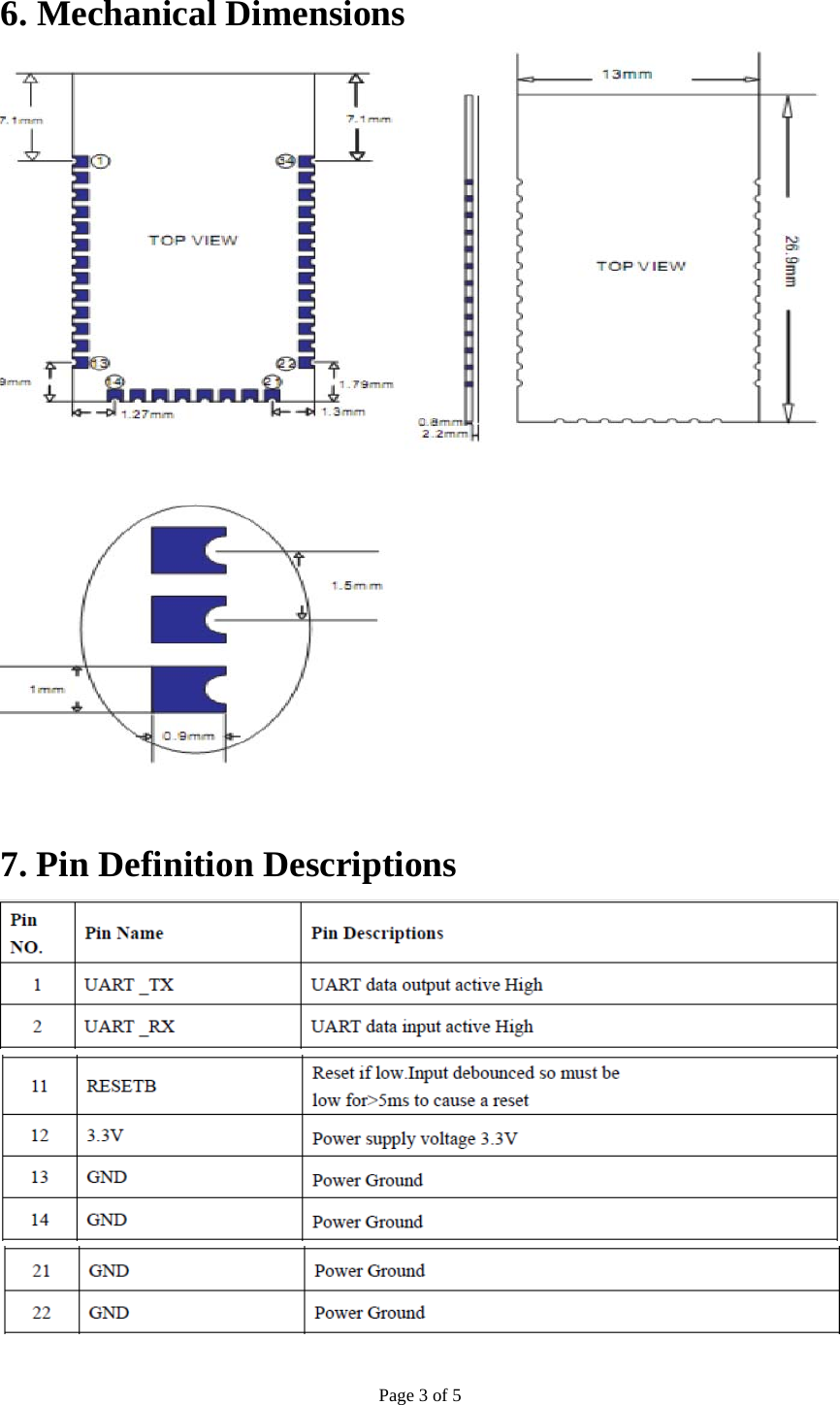 Page 3 of 5  6. Mechanical Dimensions   7. Pin Definition Descriptions    