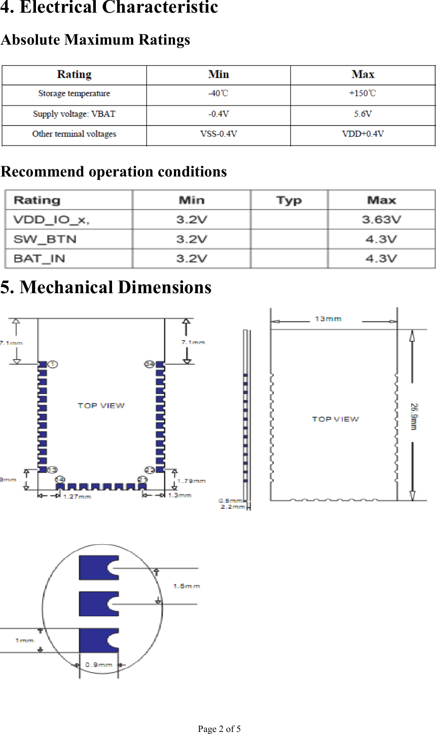 Page 2 of 5  4. Electrical Characteristic Absolute Maximum Ratings  Recommend operation conditions  5. Mechanical Dimensions  