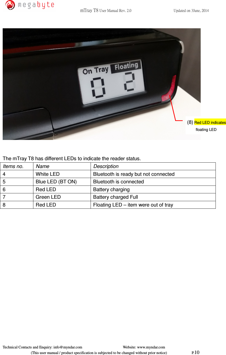  mTray T8 User Manual Rev. 2.0  Updated on 3June, 2014     Technical Contacts and Enquiry: info@myndar.com         Website: www.myndar.com                             (This user manual / product specification is subjected to be changed without prior notice)                          P.10      The mTray T8 has different LEDs to indicate the reader status. Items no.  Name  Description 4  White LED    Bluetooth is ready but not connected 5  Blue LED (BT ON)  Bluetooth is connected 6  Red LED    Battery charging 7  Green LED    Battery charged Full 8  Red LED  Floating LED – item were out of tray  (8) Red LED indicates floating LED   