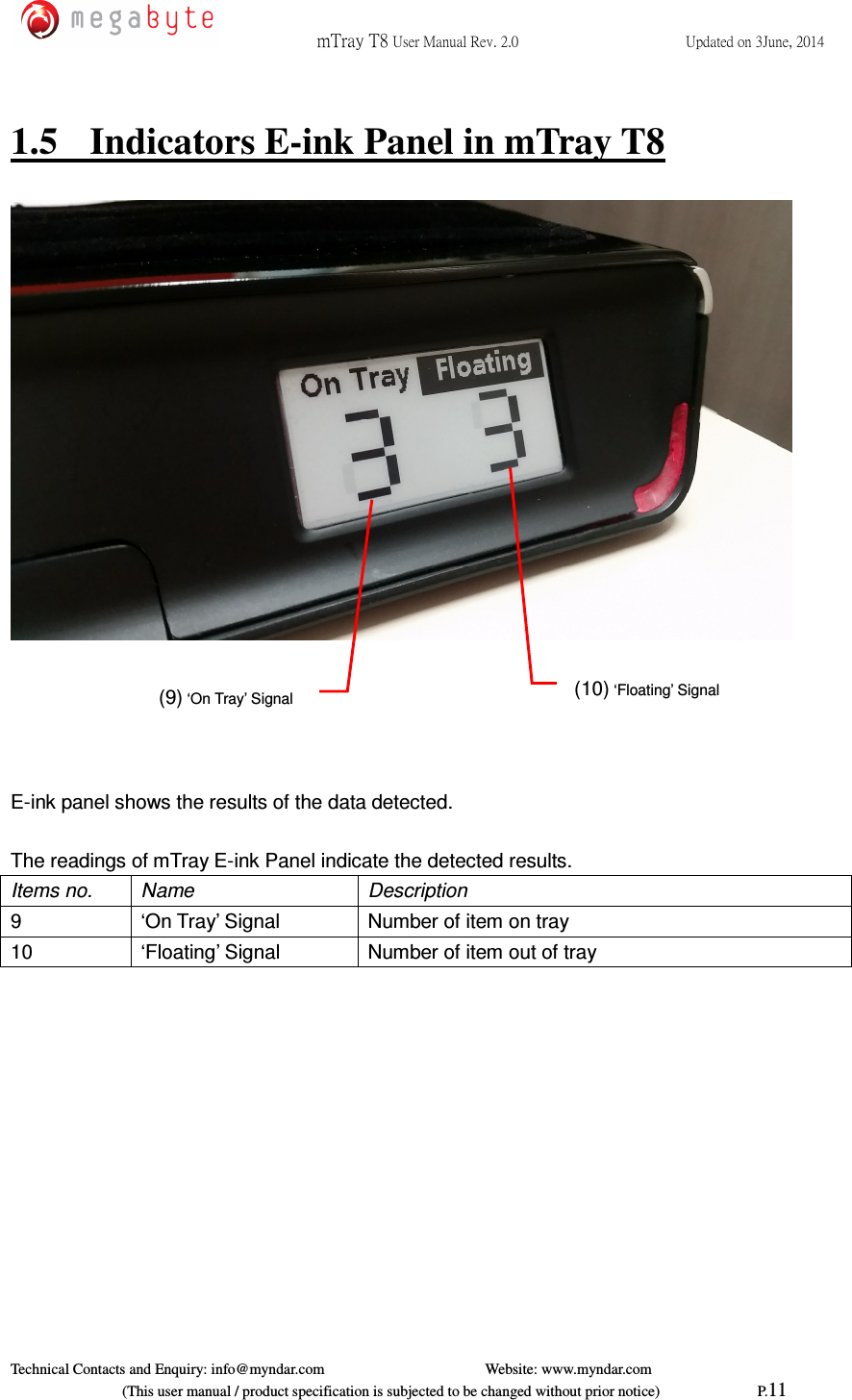  mTray T8 User Manual Rev. 2.0  Updated on 3June, 2014     Technical Contacts and Enquiry: info@myndar.com         Website: www.myndar.com                             (This user manual / product specification is subjected to be changed without prior notice)                          P.11   1.5  Indicators E-ink Panel in mTray T8        E-ink panel shows the results of the data detected.  The readings of mTray E-ink Panel indicate the detected results. Items no.  Name  Description 9  ‘On Tray’ Signal  Number of item on tray 10  ‘Floating’ Signal  Number of item out of tray (10) ‘Floating’ Signal (9) ‘On Tray’ Signal 