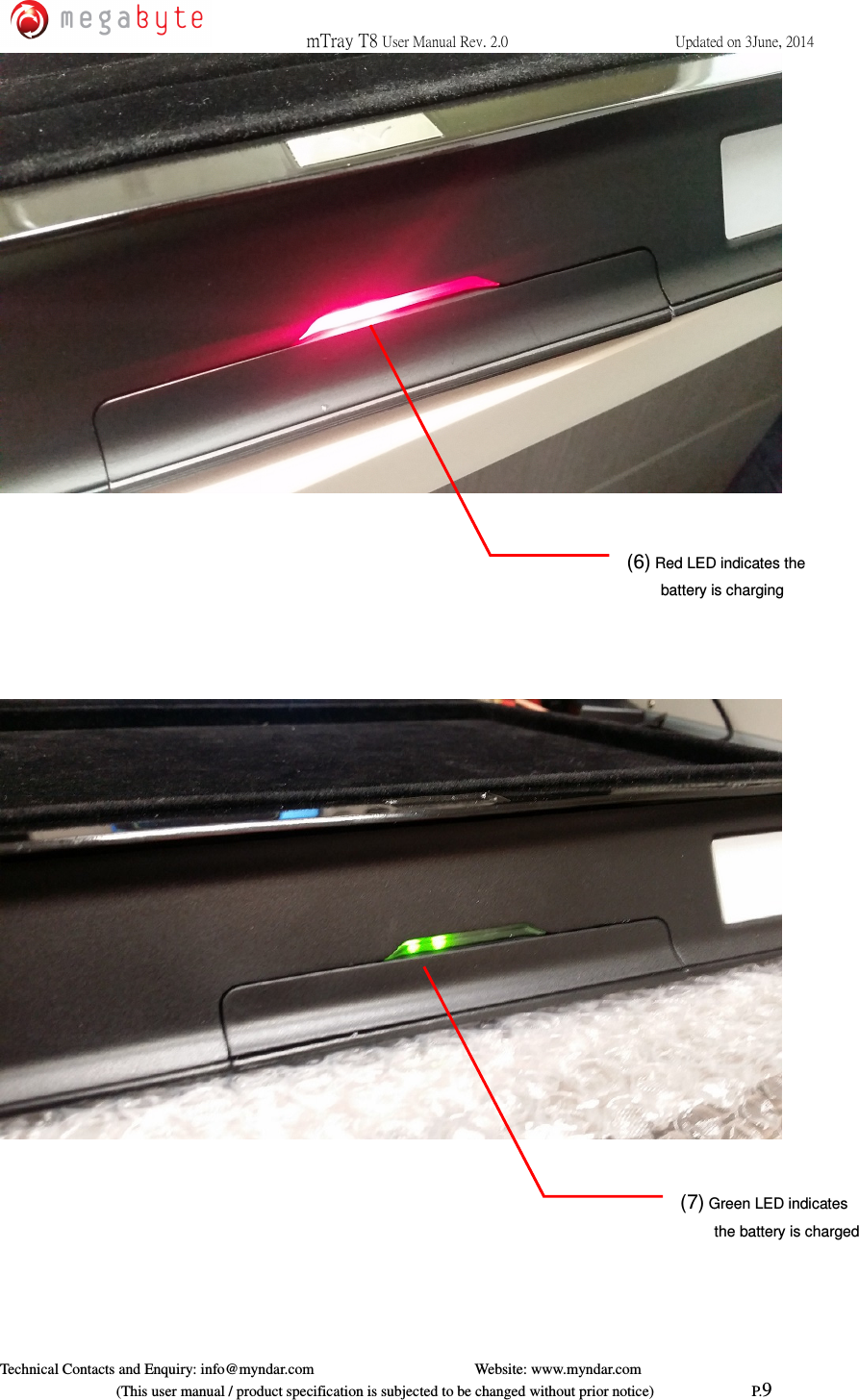  mTray T8 User Manual Rev. 2.0  Updated on 3June, 2014     Technical Contacts and Enquiry: info@myndar.com         Website: www.myndar.com                             (This user manual / product specification is subjected to be changed without prior notice)                          P.9          (6) Red LED indicates the battery is charging (7) Green LED indicates the battery is charged 