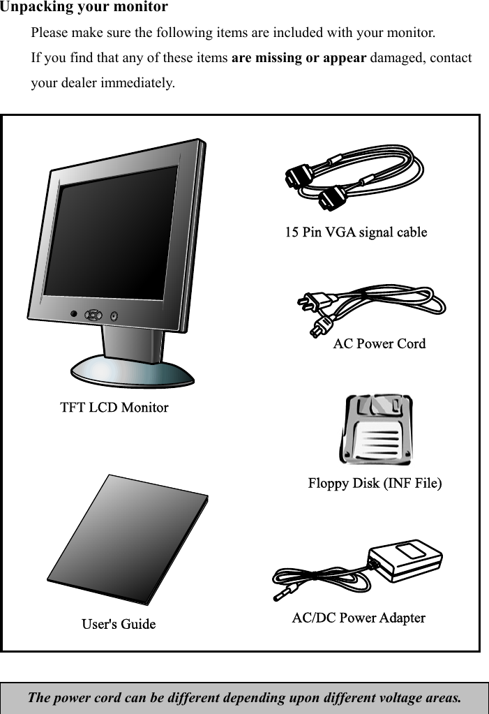 7 Unpacking your monitor Please make sure the following items are included with your monitor.   If you find that any of these items are missing or appear damaged, contact your dealer immediately.                                 The power cord can be different depending upon different voltage areas. 