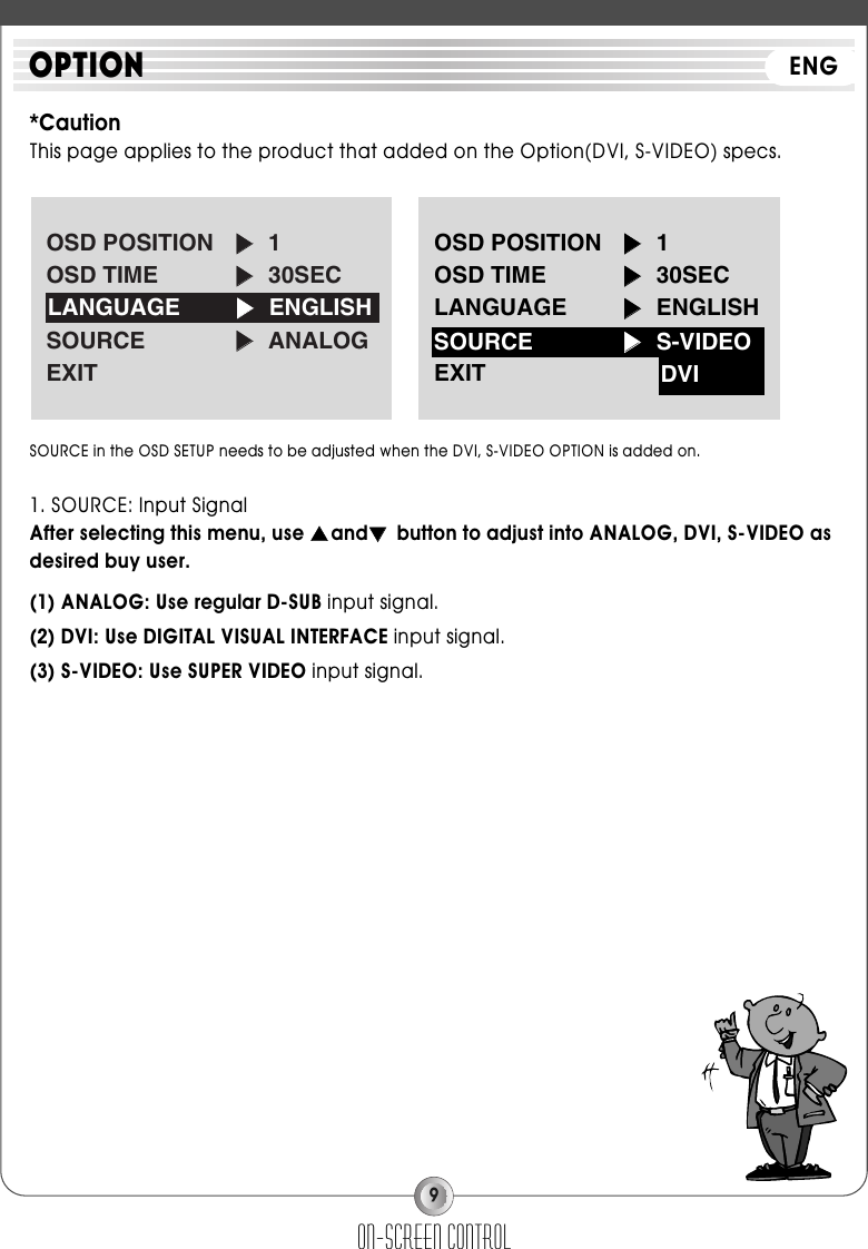 9*CautionThis page applies to the product that added on the Option(DVI, S-VIDEO) specs.SOURCE in the OSD SETUP needs to be adjusted when the DVI, S-VIDEO OPTION is added on.1. SOURCE: Input SignalAfter selecting this menu, use ▲▲and▼▼button to adjust into ANALOG, DVI, S-VIDEO asdesired buy user.(1) ANALOG: Use regular D-SUB input signal.(2) DVI: Use DIGITAL VISUAL INTERFACE input signal.(3) S-VIDEO: Use SUPER VIDEO input signal.on-screen controlOPTION ENGOSD POSITION ▶▶1OSD TIME ▶▶30SECSOURCE ▶▶ANALOGEXITLANGUAGE ▶▶ENGLISHOSD POSITION ▶▶1OSD TIME ▶▶30SECLANGUAGE ▶▶ENGLISHEXITSOURCE ▶▶S-VIDEODVI