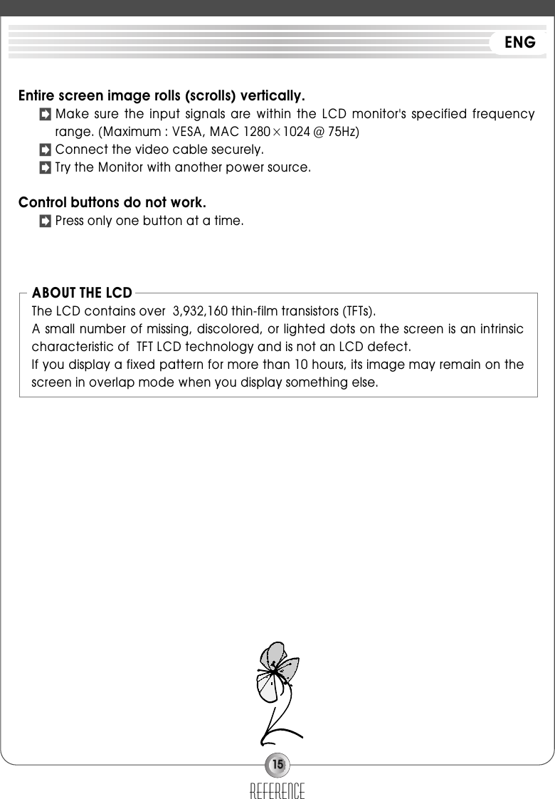 15Entire screen image rolls (scrolls) vertically.󳃌Make  sure  the  input  signals  are  within  the  LCD  monitor&apos;s  specified  frequencyrange. (Maximum : VESA, MAC 1280×1024 @ 75Hz)󳃌Connect the video cable securely.󳃌Try the Monitor with another power source.Control buttons do not work.󳃌Press only one button at a time.referenceABOUT THE LCD                        The LCD contains over  3,932,160 thin-film transistors (TFTs).A small number of missing, discolored, or lighted dots on the screen is an intrinsiccharacteristic of  TFT LCD technology and is not an LCD defect.If you display a fixed pattern for more than 10 hours, its image may remain on thescreen in overlap mode when you display something else.ENG