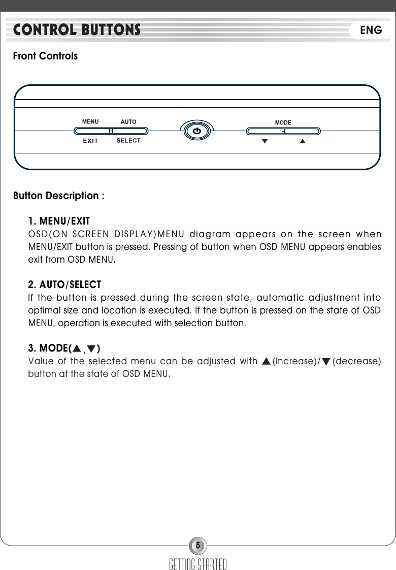 5Front ControlsButton Description :1. MENU/EXITOSD(ON  SCREEN  DISPLAY)MENU  diagram  appears  on  the  screen  whenMENU/EXIT button is pressed. Pressing of button when OSD MENU appears enablesexit from OSD MENU.2. AUTO/SELECT If the button is  pressed during the screen state, automatic adjustment intooptimal size and location is executed. If the button is pressed on the state of OSDMENU, operation is executed with selection button. 3. MODE(▲▲,,▼▼)Value  of the  selected  menu  can  be adjusted with  ▲▲(increase)/▼▼(decrease)button at the state of OSD MENU.getting startedCONTROL BUTTONS ENG