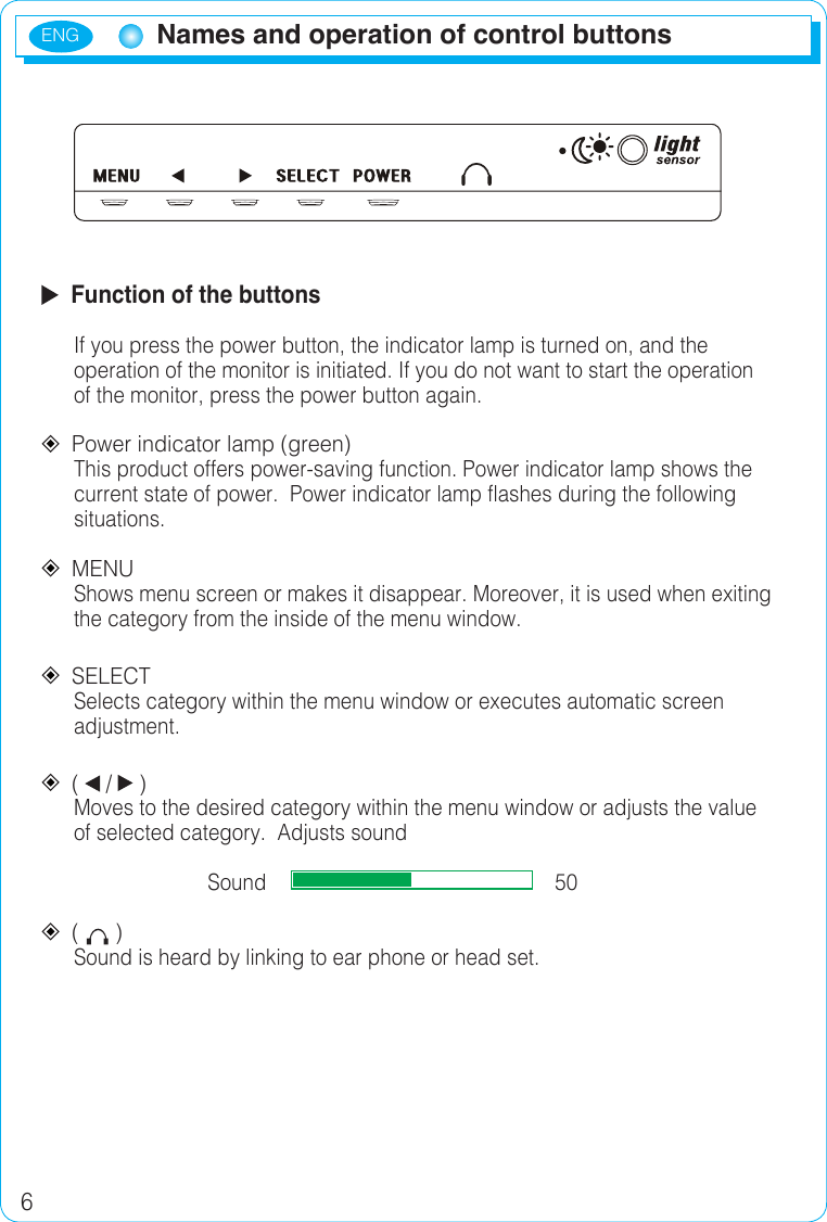 ENG6  Function of the buttons If you press the power button, the indicator lamp is turned on, and the operation of the monitor is initiated. If you do not want to start the operation of the monitor, press the power button again.  Power indicator lamp (green) This product offers power-saving function. Power indicator lamp shows the current state of power.  Power indicator lamp flashes during the following situations.  MENUShows menu screen or makes it disappear. Moreover, it is used when exiting the category from the inside of the menu window.  SELECTSelects category within the menu window or executes automatic screen adjustment.  (  /   )Moves to the desired category within the menu window or adjusts the value of selected category.  Adjusts sound Sound                                                   50  (      )Sound is heard by linking to ear phone or head set.Names and operation of control buttons