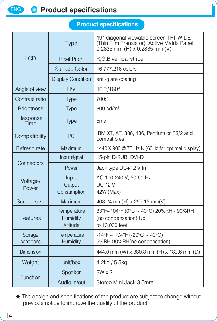 ENG143URGXFWVSHFLÀFDWLRQVLCDType19” diagonal viewable screen TFT WIDE (Thin Film Transistor). Active Matrix Panel 0.2835 mm (H) x 0.2835 mm (V)Pixel PitchR,G,B verfical stripeSurface Color16,777,216 colorsDisplay Conditionanti-glare coatingAngle of viewH/ V160°/160°Contrast ratioType700:1BrightnessType300 cd/m²ResponseTimeType5msCompatibilityPCIBM XT, AT, 386, 486, Pentium or PS/2 and compatiblesRefresh rateMaximum 1440 X 900 @ 75 Hz N (60Hz for optimal display) ConnectorsInput signal15-pin D-SUB, DVI-DPowerJack type DC+12 V InVoltage/PowerInputOutputConsumptionAC 100-240 V, 50-60 HzDC 12 V42W (Max)Screen sizeMaximum408.24 mm(H) x 255.15 mm(V)FeaturesTemperatureHumidityAltitude33°F~104°F (0°C ~ 40°C) 20%RH - 90%RH(no condensation) Up to 10,000 feetStorage conditionsTemperature Humidity-14°F ~ 104°F (-20°C ~ 40°C)5%RH-90%RH(no condensation)Dimension 444.0 mm (W) x 380.8 mm (H) x 189.6 mm (D)Weight unit/box4.2kg / 5.5kgFunction Speaker3W x 2Audio in/outStereo Mini Jack 3.5mm      The design and specifications of the product are subject to change without         previous notice to improve the quality of the product.Product specifications