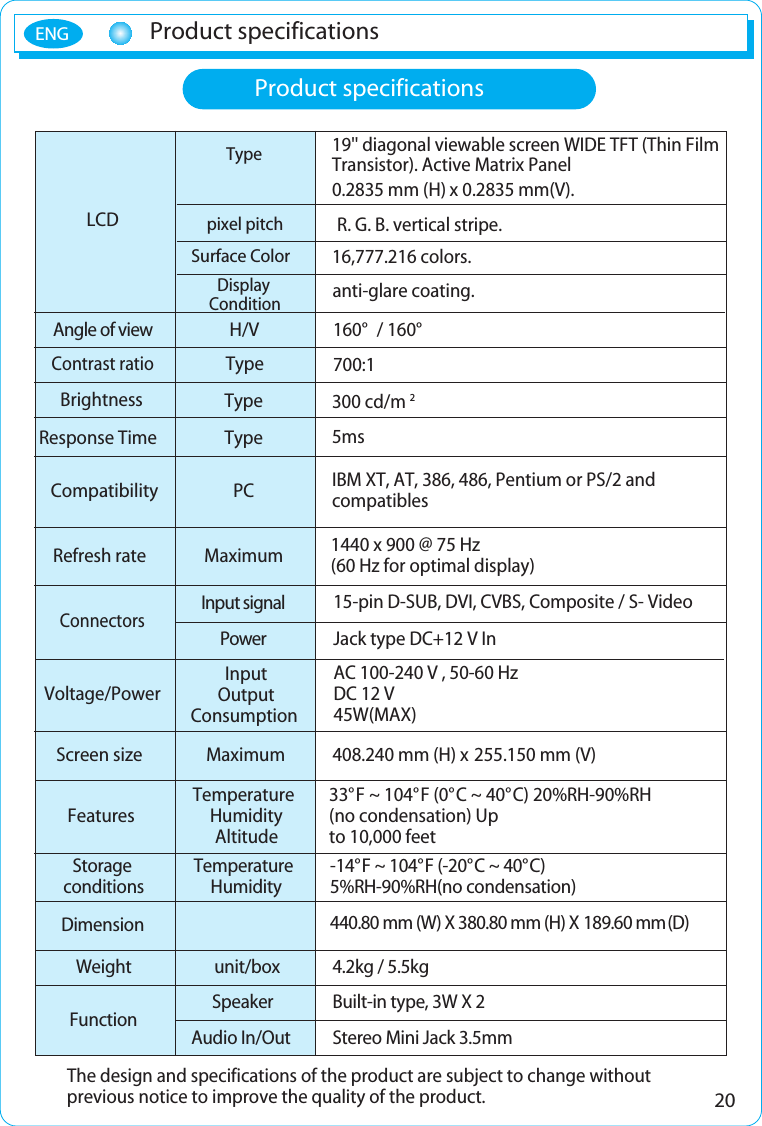 20Product specificationsENG300 cd/m5msIBM XT, AT, 386, 486, Pentium or PS/2 andcompatiblesProduct specificationsInput signal Power15-pin D-SUB, DVI, CVBS, Composite / S- VideoJack type DC+12 V InFeaturesStorageconditionsDimensionWeightFunction4.2kg / 5.5kgBuilt-in type, 3W X 2Stereo Mini Jack 3.5mm440.80 mm (W) X 380.80 mm (H) X 189.60 mm (D)TemperatureHumidityunit/boxSpeakerAudio In/Out-14°F ~ 104°F (-20°C ~ 40°C)5%RH-90%RH(no condensation)TemperatureHumidityAltitude33°F ~ 104°F (0°C ~ 40°C) 20%RH-90%RH(no condensation) Up to 10,000 feet                                                        Screen size Maximum408.240 mm (H) x 255.150 mm (V)AC 100-240 V , 50-60 HzDC 12 V45W(MAX)InputOutputConsumptionCompatibilityPCConnectorsVoltage/PowerTypeThe design and specifications of the product are subject to change without previous notice to improve the quality of the product.2Display Conditionanti-glare coating.19&apos;&apos; diagonal viewable screen WIDE TFT (Thin FilmTransistor). Active Matrix Panel 0.2835 mm (H)x 0.2835 mm(V).R. G. B. vertical stripe. 16,777.216 colors.pixel pitchSurface ColorContrast ratioType 700:1BrightnessResponse TimeRefresh rate Maximum 1440 x 900 @ 75 Hz  (60 Hz for optimal display)LCDAngle of viewH/V160° / 160°TypeType