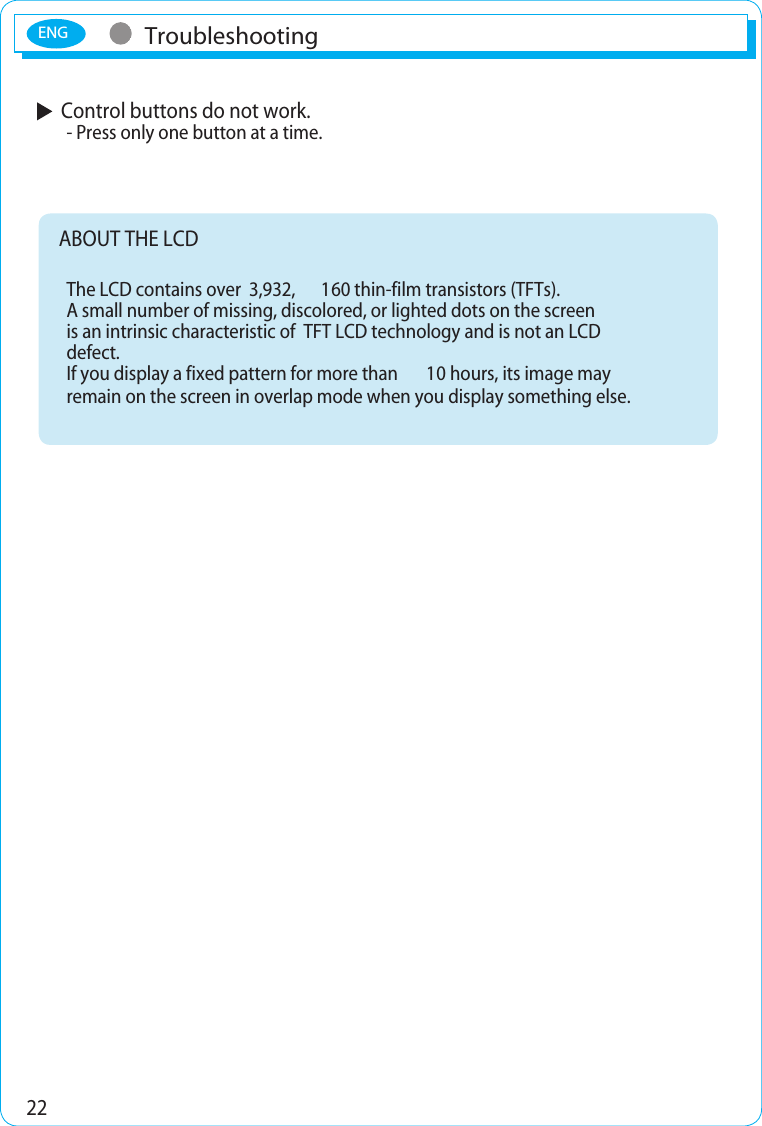 ENG22  Control buttons do not work.- Press only one button at a time.     ABOUT THE LCD The LCD contains over  3,932, 160 thin-film transistors (TFTs). A small number of missing, discolored, or lighted dots on the screen is an intrinsic characteristic of  TFT LCD technology and is not an LCD defect. If you display a fixed pattern for more than  10 hours, its image may remain on the screen in overlap mode when you display something else.Troubleshooting