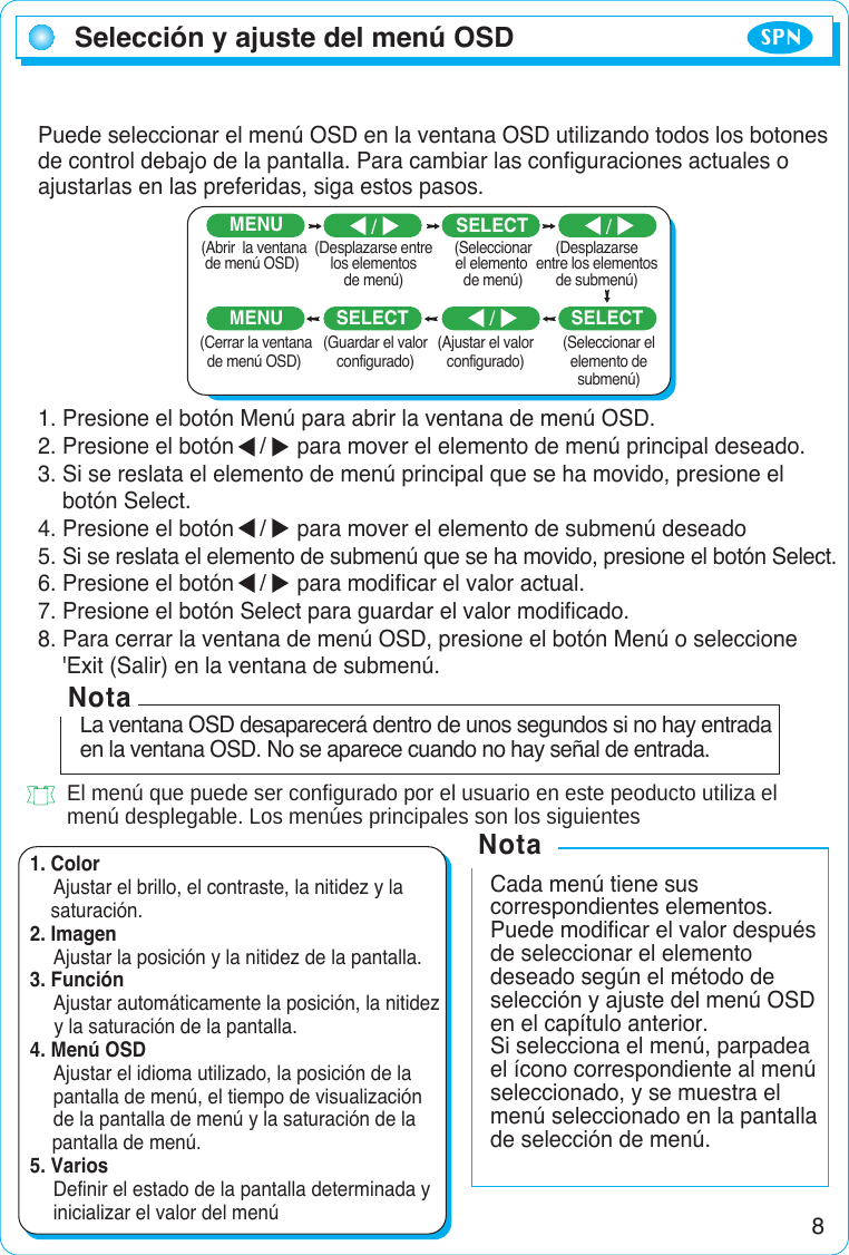 8Selección y ajuste del menú OSD SPNPuede seleccionar el menú OSD en la ventana OSD utilizando todos los botonesde control debajo de la pantalla. Para cambiar las configuraciones actuales oajustarlas en las preferidas, siga estos pasos.1. Presione el botón Menú para abrir la ventana de menú OSD.2. Presione el botón /  para mover el elemento de menú principal deseado.3. Si se reslata el elemento de menú principal que se ha movido, presione el botón Select.4. Presione el botón  /  para mover el elemento de submenú deseado5. Si se reslata el elemento de submenú que se ha movido, presione el botón Select.6. Presione el botón  /  para modificar el valor actual.7. Presione el botón Select para guardar el valor modificado.8. Para cerrar la ventana de menú OSD, presione el botón Menú o seleccione &apos;Exit (Salir) en la ventana de submenú.El menú que puede ser configurado por el usuario en este peoducto utiliza el menú desplegable. Los menúes principales son los siguientesMENU SELECTMENU SELECT SELECT(Abrir  la ventana de menú OSD) (Desplazarse entrelos elementosde menú)(Seleccionar el elementode menú)(Desplazarse entre los elementos de submenú)(Seleccionar el elemento de submenú)(Cerrar la ventanade menú OSD) (Guardar el valorconfigurado) (Ajustar el valorconfigurado)La ventana OSD desaparecerá dentro de unos segundos si no hay entradaen la ventana OSD. No se aparece cuando no hay señal de entrada.Nota1. ColorAjustar el brillo, el contraste, la nitidez y la  saturación.2. ImagenAjustar la posición y la nitidez de la pantalla.3. FunciónAjustar automáticamente la posición, la nitidez y la saturación de la pantalla.4. Menú OSDAjustar el idioma utilizado, la posición de la pantalla de menú, el tiempo de visualización de la pantalla de menú y la saturación de la pantalla de menú.5. VariosDefinir el estado de la pantalla determinada y inicializar el valor del menúCada menú tiene suscorrespondientes elementos.Puede modificar el valor despuésde seleccionar el elementodeseado según el método deselección y ajuste del menú OSDen el capítulo anterior.Si selecciona el menú, parpadeael ícono correspondiente al menúseleccionado, y se muestra elmenú seleccionado en la pantallade selección de menú.Nota/ /  / 