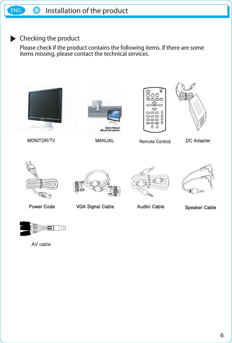 Checking the productPlease check if the product contains the following items. If there are someitems missing, please contact the technical services.6Installation of the productENG