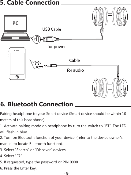 USBfor power2. Turn on Bluetooth function of your device, (refer to the device owner’s manual to locate Bluetooth function).3. Select “Search” or “Discover” devices.4. Select “E7”.5. If requested, type the password or PIN 00006. Press the Enter key.6. Bluetooth ConnectionPairing headphone to your Smart device (Smart device should be within 10 meters of this headphone).1. Activate pairing mode on headphone by turn the switch to “BT” .The LED will flash in blue.-6-5. Cable ConnectionCablefor audio