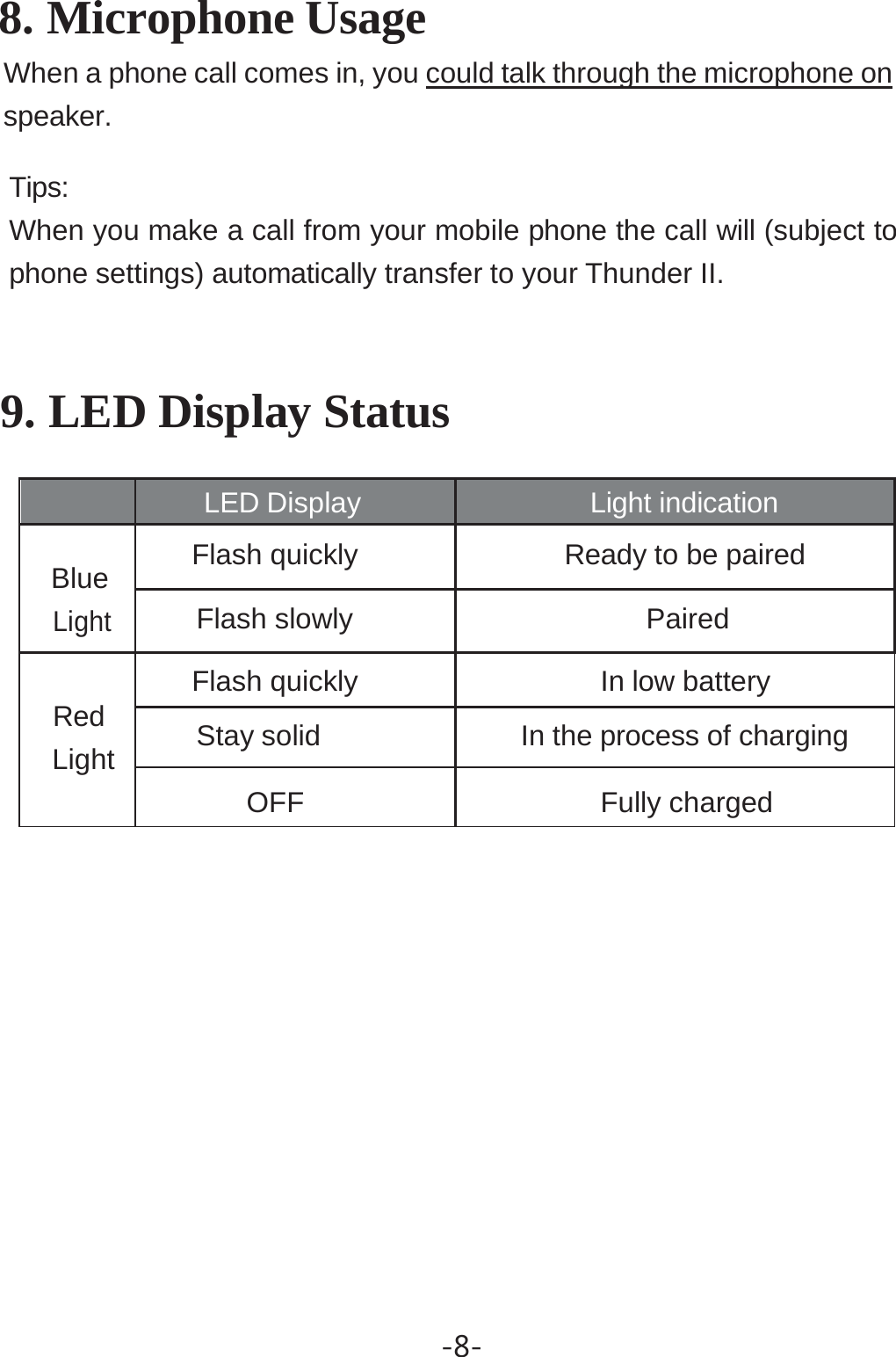 When a phone call comes in, you could talk through the microphone on-8- 8. Microphone Usage  speaker.  Tips: When you make a call from your mobile phone the call will (subject to phone settings) automatically transfer to your Thunder II.  9. LED Display Status      LED Display Light indication  Blue Light Flash quickly Ready to be paired Flash slowly Paired   Red Light Flash quickly In low battery Stay solid In the process of chargingOFF Fully charged 