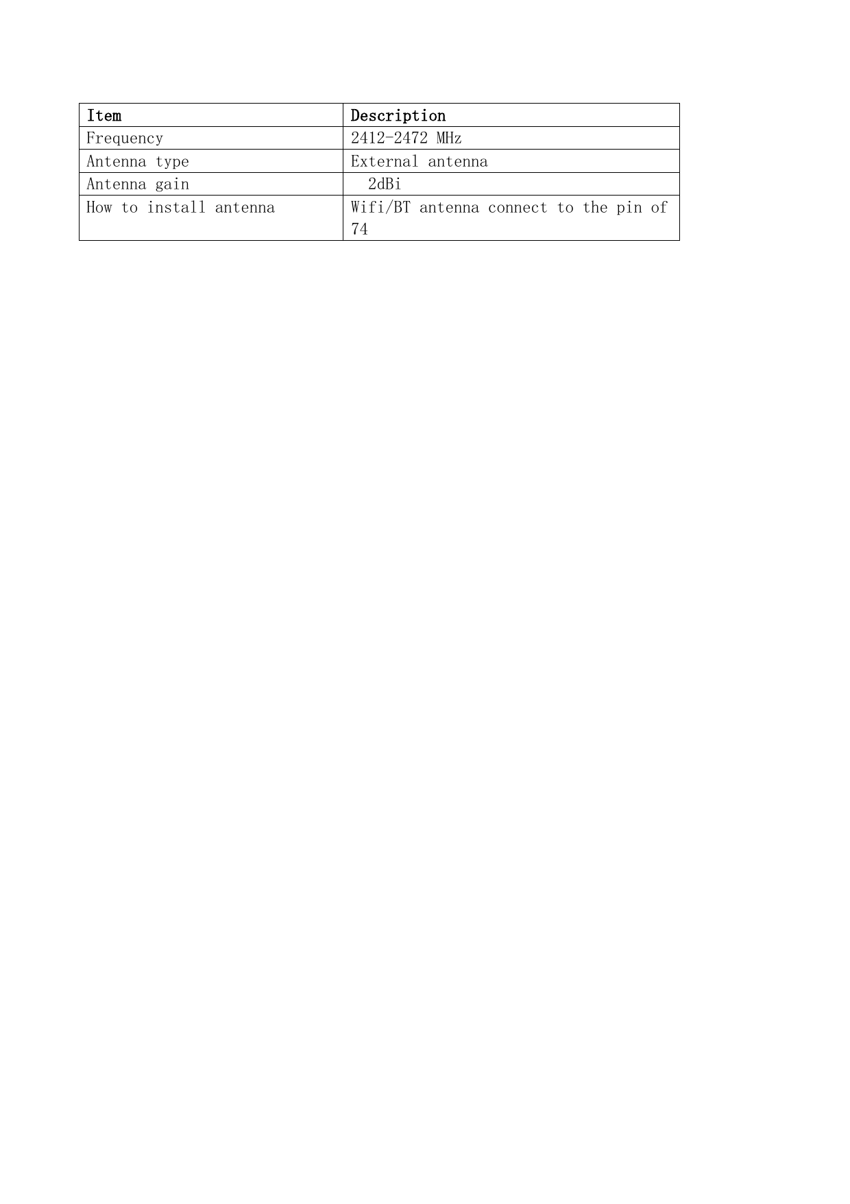 Item Description Frequency  2412-2472 MHz Antenna type  External antenna Antenna gain    2dBi How to install antenna  Wifi/BT antenna connect to the pin of 74  