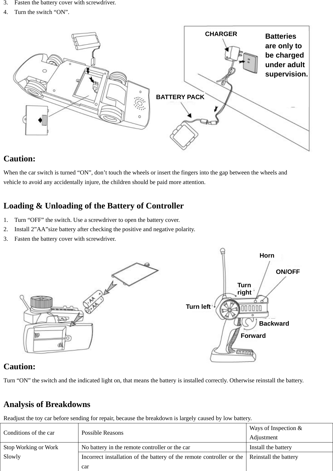 3. Fasten the battery cover with screwdriver. 4. Turn the switch “ON”.               Caution: When the car switch is turned “ON”, don’t touch the wheels or insert the fingers into the gap between the wheels and   vehicle to avoid any accidentally injure, the children should be paid more attention.  Loading &amp; Unloading of the Battery of Controller 1. Turn “OFF” the switch. Use a screwdriver to open the battery cover. 2. Install 2”AA”size battery after checking the positive and negative polarity. 3. Fasten the battery cover with screwdriver.             Caution: Turn “ON” the switch and the indicated light on, that means the battery is installed correctly. Otherwise reinstall the battery.  Analysis of Breakdowns Readjust the toy car before sending for repair, because the breakdown is largely caused by low battery. Conditions of the car  Possible Reasons  Ways of Inspection &amp; Adjustment No battery in the remote controller or the car  Install the battery Stop Working or Work Slowly  Incorrect installation of the battery of the remote controller or the car Reinstall the battery BATTERY PACKCHARGER BATTERY PACK Batteries are only to be charged under adult supervision.ON/OFFBackward Forward Turn leftTurn right Horn 