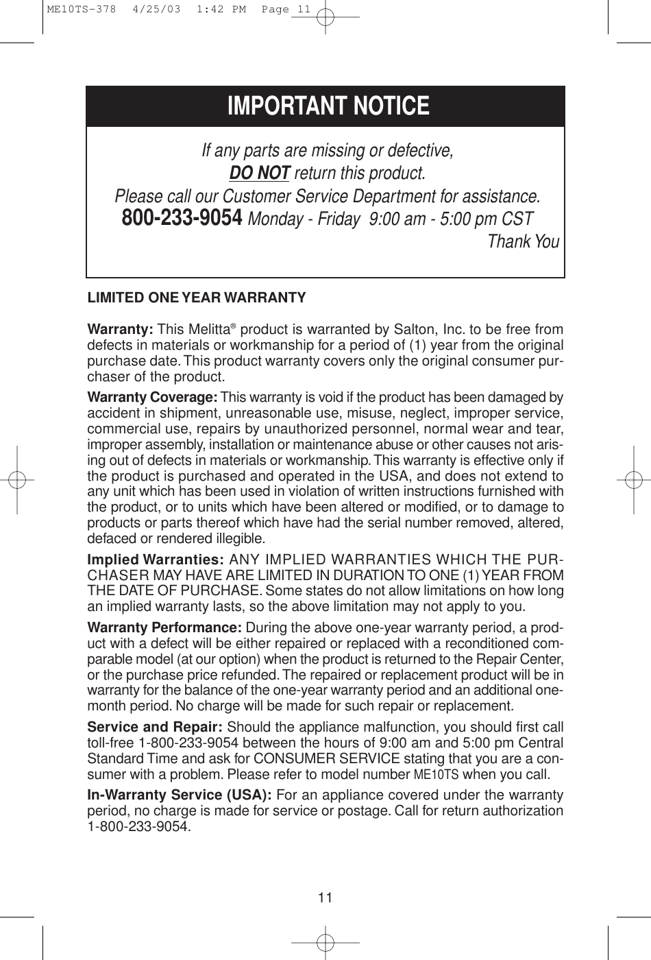 Page 11 of 12 - Melitta Melitta-Me10Ts-Users-Manual- MEFB4 Fastbrew  Melitta-me10ts-users-manual