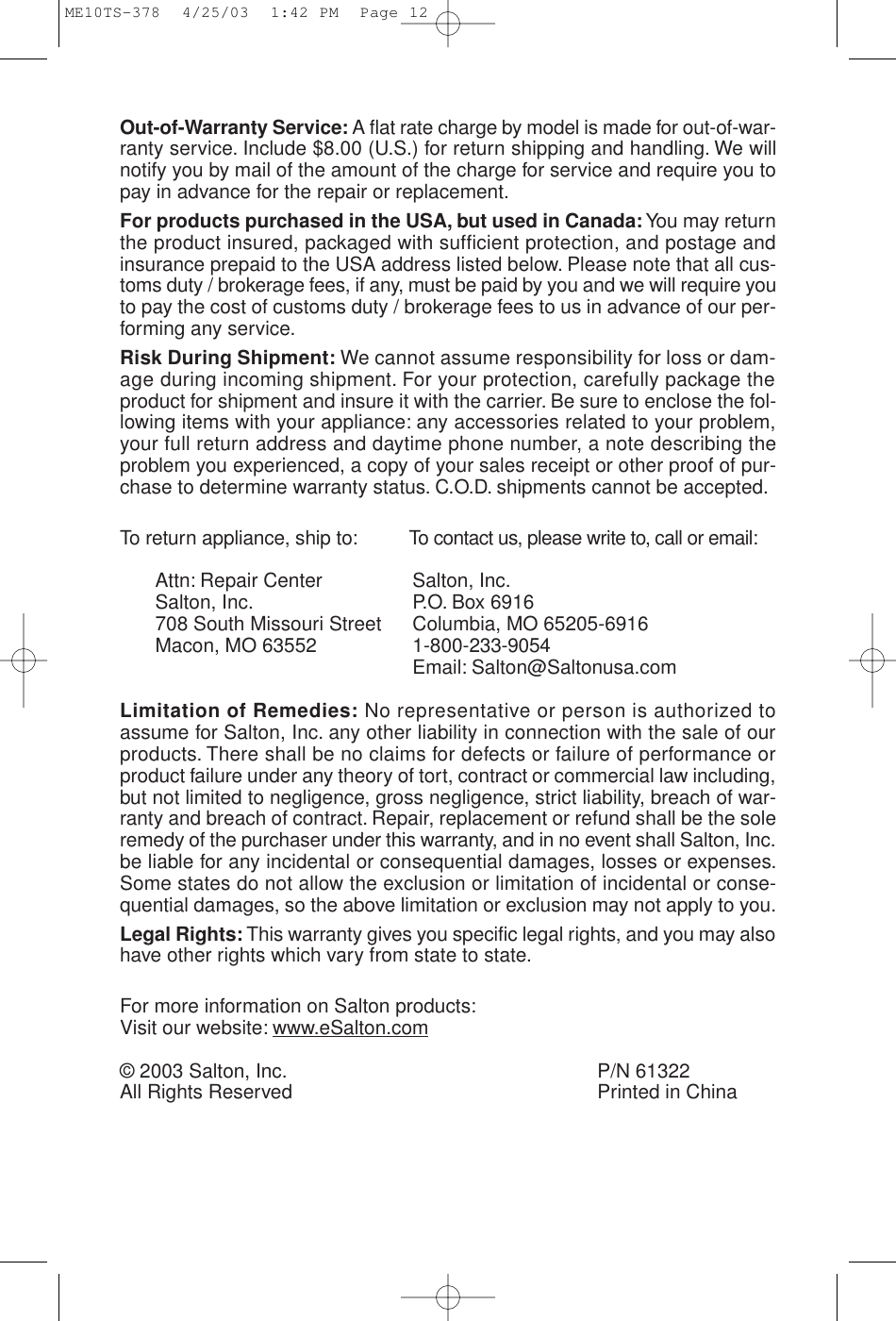 Page 12 of 12 - Melitta Melitta-Me10Ts-Users-Manual- MEFB4 Fastbrew  Melitta-me10ts-users-manual