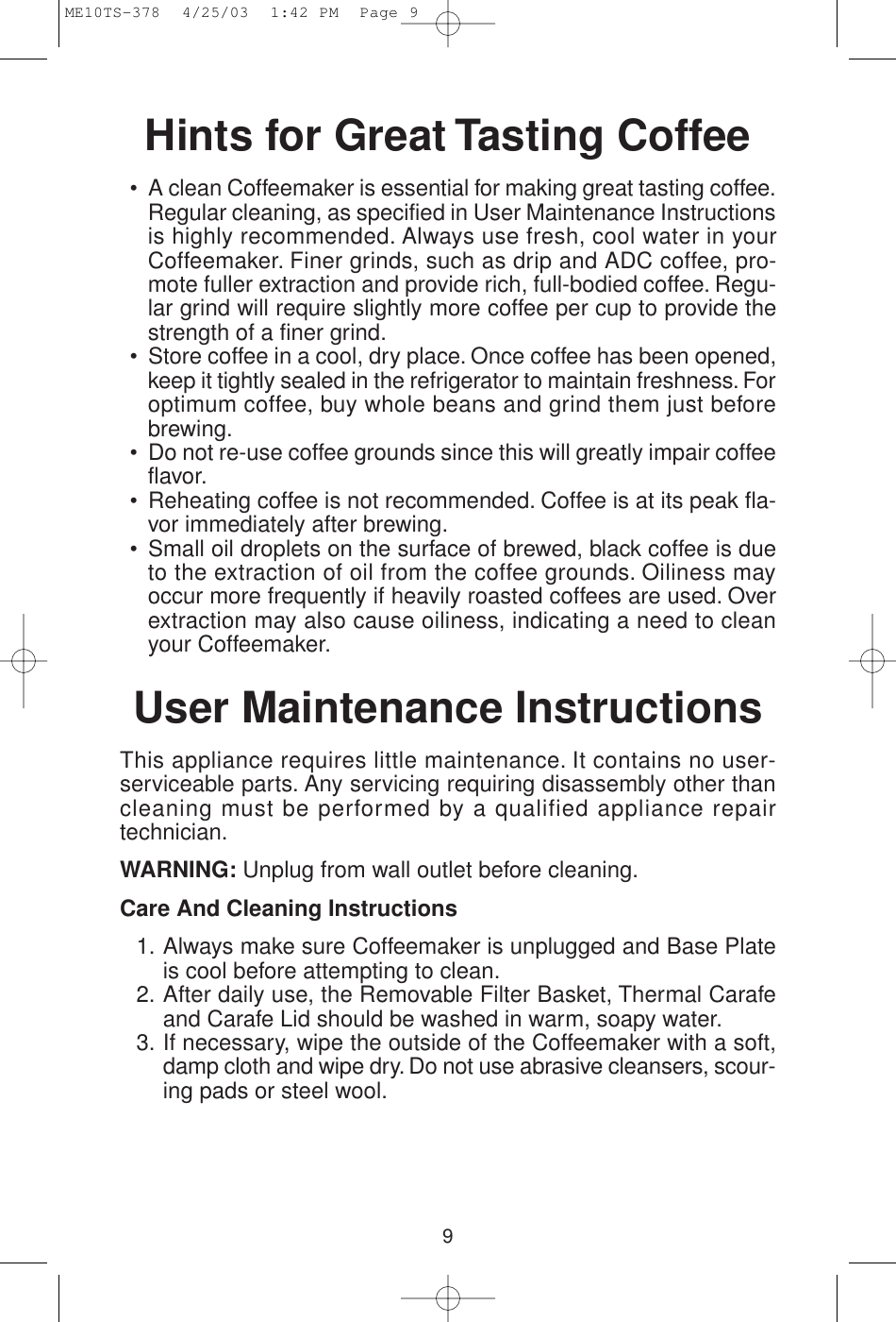 Page 9 of 12 - Melitta Melitta-Me10Ts-Users-Manual- MEFB4 Fastbrew  Melitta-me10ts-users-manual