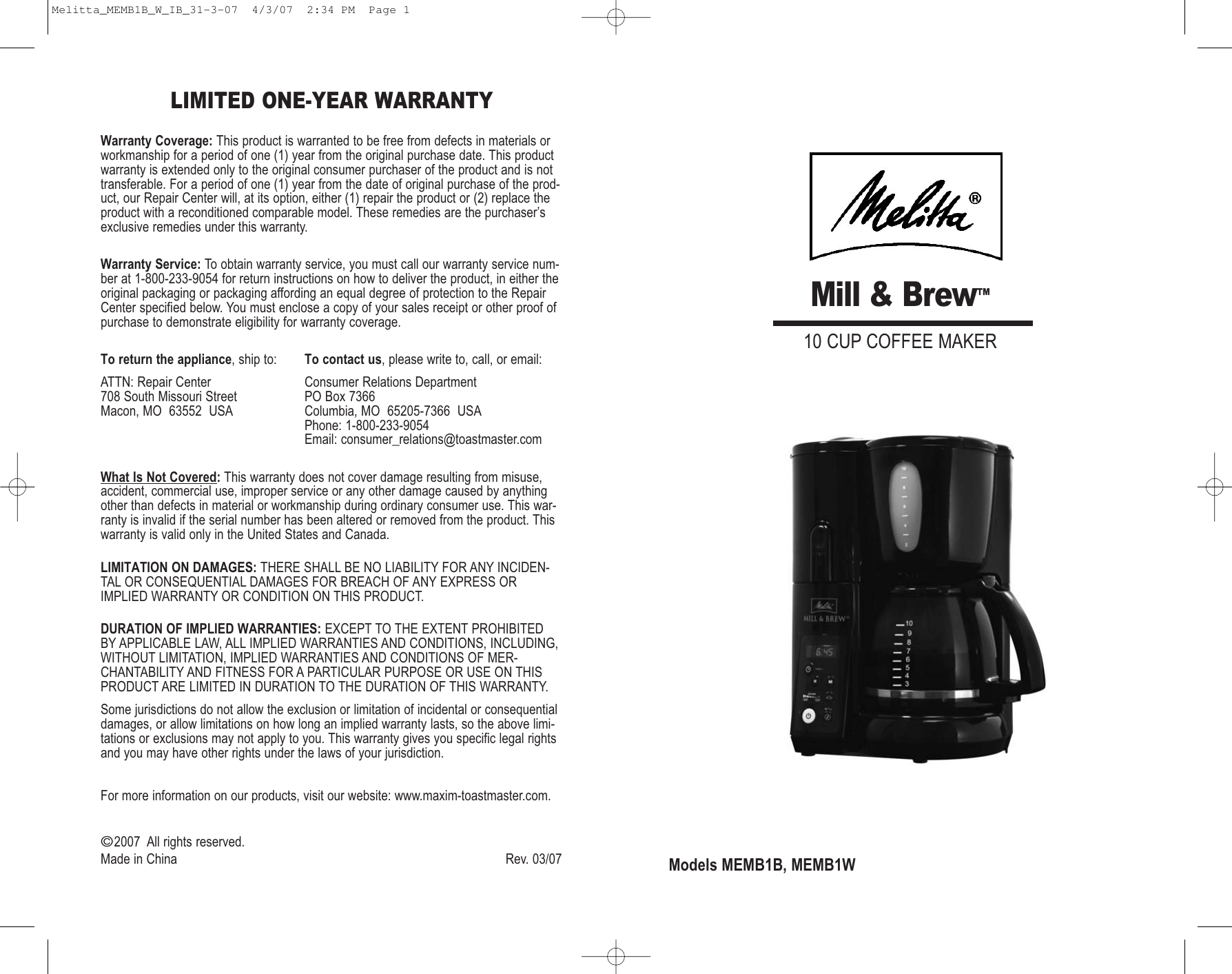 Melitta Mill And Brew Memb1B Memb1W Users Manual Melitta_MEMB1B_W_IB_31