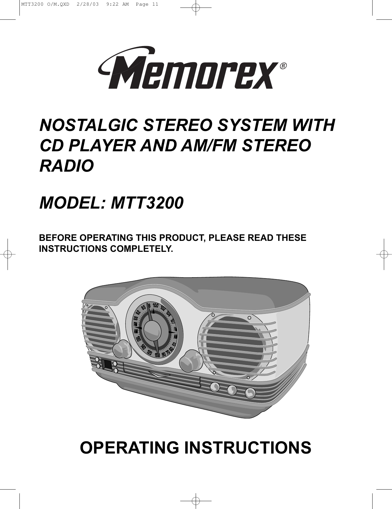 Page 1 of 11 - Memorex Memorex-Nostalgic-Retro-Mtt3200-Users-Manual- MTT3200 O/M  Memorex-nostalgic-retro-mtt3200-users-manual