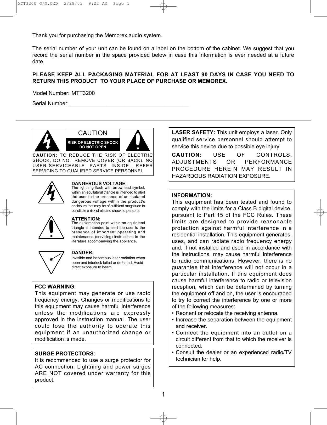 Page 2 of 11 - Memorex Memorex-Nostalgic-Retro-Mtt3200-Users-Manual- MTT3200 O/M  Memorex-nostalgic-retro-mtt3200-users-manual