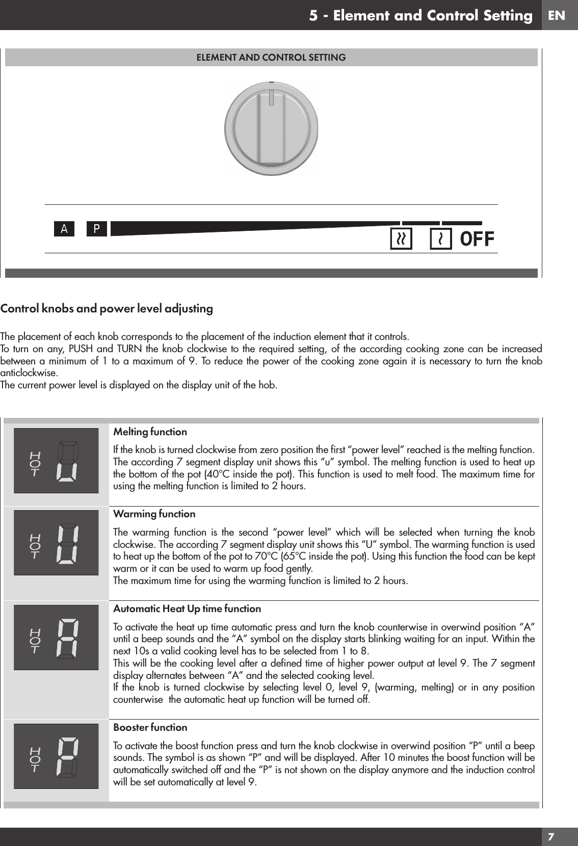 EN75 - Element and Control SettingELEMENT AND CONTROL SETTINGControl knobs and power level adjustingThe placement of each knob corresponds to the placement of the induction element that it controls.To turn on any, PUSH and TURN the knob clockwise to the required setting, of the according cooking zone can be increased between a minimum of 1 to a maximum of 9. To reduce the power of the cooking zone again it is necessary to turn the knob anticlockwise.The current power level is displayed on the display unit of the hob.Melting functionIf the knob is turned clockwise from zero position the ﬁrst “power level” reached is the melting function. The according 7 segment display unit shows this “u” symbol. The melting function is used to heat up the bottom of the pot (40°C inside the pot). This function is used to melt food. The maximum time for using the melting function is limited to 2 hours.Warming functionThe warming function is the second “power level” which will be selected when turning the knob clockwise. The according 7 segment display unit shows this “U” symbol. The warming function is used to heat up the bottom of the pot to 70°C (65°C inside the pot). Using this function the food can be kept warm or it can be used to warm up food gently.The maximum time for using the warming function is limited to 2 hours.Automatic Heat Up time functionTo activate the heat up time automatic press and turn the knob counterwise in overwind position “A” until a beep sounds and the “A” symbol on the display starts blinking waiting for an input. Within the next 10s a valid cooking level has to be selected from 1 to 8.This will be the cooking level after a deﬁned time of higher power output at level 9. The 7 segment display alternates between “A” and the selected cooking level.If the knob is turned clockwise by selecting level 0, level 9, (warming, melting) or in any position counterwise  the automatic heat up function will be turned off.Booster functionTo activate the boost function press and turn the knob clockwise in overwind position “P” until a beep sounds. The symbol is as shown “P” and will be displayed. After 10 minutes the boost function will be automatically switched off and the “P” is not shown on the display anymore and the induction control will be set automatically at level 9.