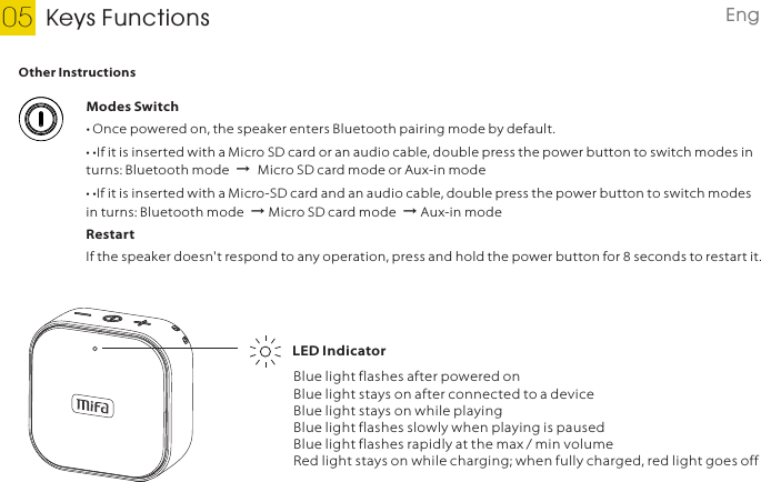 Keys Functions05 EnglishOther InstructionsModes Switch• Once powered on, the speaker enters Bluetooth pairing mode by default.• •If it is inserted with a Micro SD card or an audio cable, double press the power button to switch modes in turns: Bluetooth mode  →  Micro SD card mode or Aux-in mode• •If it is inserted with a Micro-SD card and an audio cable, double press the power button to switch modes in turns: Bluetooth mode  → Micro SD card mode  → Aux-in modeRestartIf the speaker doesn&apos;t respond to any operation, press and hold the power button for 8 seconds to restart it.LED IndicatorBlue light flashes after powered onBlue light stays on after connected to a deviceBlue light stays on while playingBlue light flashes slowly when playing is pausedBlue light flashes rapidly at the max / min volumeRed light stays on while charging; when fully charged, red light goes off