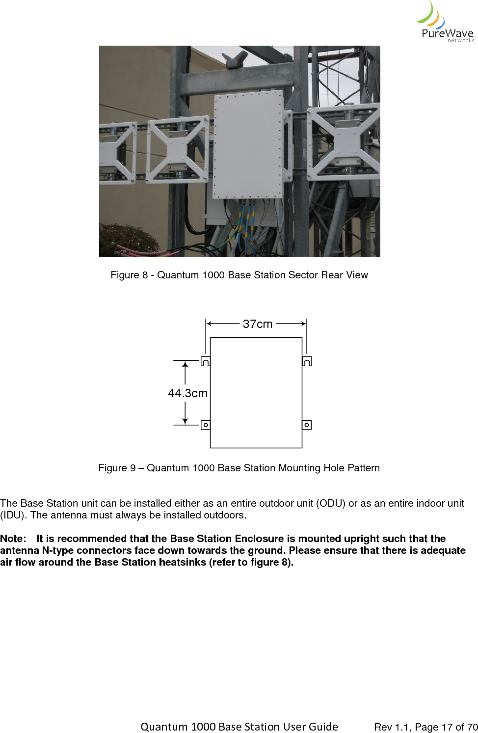    Quantum 1000 Base Station User  Figure 8 - Quantum 1000    Figure 9 – Quantum 1000  The Base Station unit can be installed either as an entire outdoor unit (ODU) or as an entire indoor unit (IDU). The antenna must always be installed outdoors.  Note: It is recommended that the Base Station Enclosure is mounted upright such that the antenna N-type connectors face down towards the ground. air flow around the Base Station heatsinks (refer to figure             Quantum 1000 Base Station User Guide   Rev 1.1, Page  Quantum 1000 Base Station Sector Rear View  37cm44.3cm Quantum 1000 Base Station Mounting Hole Pattern  The Base Station unit can be installed either as an entire outdoor unit (ODU) or as an entire indoor unit (IDU). The antenna must always be installed outdoors.  It is recommended that the Base Station Enclosure is mounted upright such that the type connectors face down towards the ground. Please ensure that there is adequate air flow around the Base Station heatsinks (refer to figure 8).  Rev 1.1, Page 17 of 70 The Base Station unit can be installed either as an entire outdoor unit (ODU) or as an entire indoor unit It is recommended that the Base Station Enclosure is mounted upright such that the there is adequate 