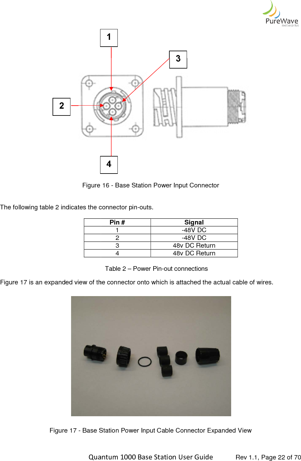    Quantum 1000 Base Station User  Figure   The following table 2 indicates the connector pin  Figure 17 is an expanded view of the connector onto which is attached the actual cable of wires. Figure 17 - Base Station Power Input Cable Connector Expanded View  Quantum 1000 Base Station User Guide   Rev 1.1, Page  16 - Base Station Power Input Connector  The following table 2 indicates the connector pin-outs. Pin # Signal 1  -48V DC 2  -48V DC 3  48v DC Return 4  48v DC Return Table 2 – Power Pin-out connections is an expanded view of the connector onto which is attached the actual cable of wires.  Base Station Power Input Cable Connector Expanded View Rev 1.1, Page 22 of 70  is an expanded view of the connector onto which is attached the actual cable of wires. Base Station Power Input Cable Connector Expanded View 