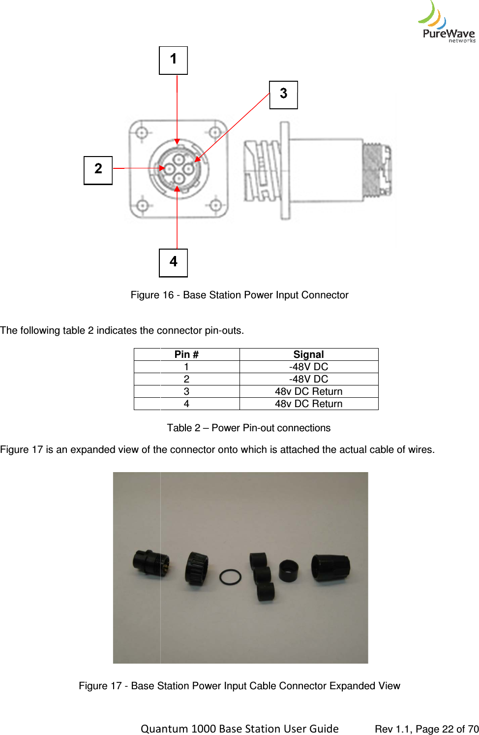    Quantum 1000 Base Station User  Figure   The following table 2 indicates the connector pin  Figure 17 is an expanded view of the connector onto which is attached the actual cable of wires. Figure 17 - Base Station Power Input Cable Connector Expanded View  Quantum 1000 Base Station User Guide   Rev 1.1, Page  16 - Base Station Power Input Connector  The following table 2 indicates the connector pin-outs. Pin # Signal 1  -48V DC 2  -48V DC 3  48v DC Return 4  48v DC Return Table 2 – Power Pin-out connections is an expanded view of the connector onto which is attached the actual cable of wires.  Base Station Power Input Cable Connector Expanded View Rev 1.1, Page 22 of 70  is an expanded view of the connector onto which is attached the actual cable of wires. Base Station Power Input Cable Connector Expanded View 