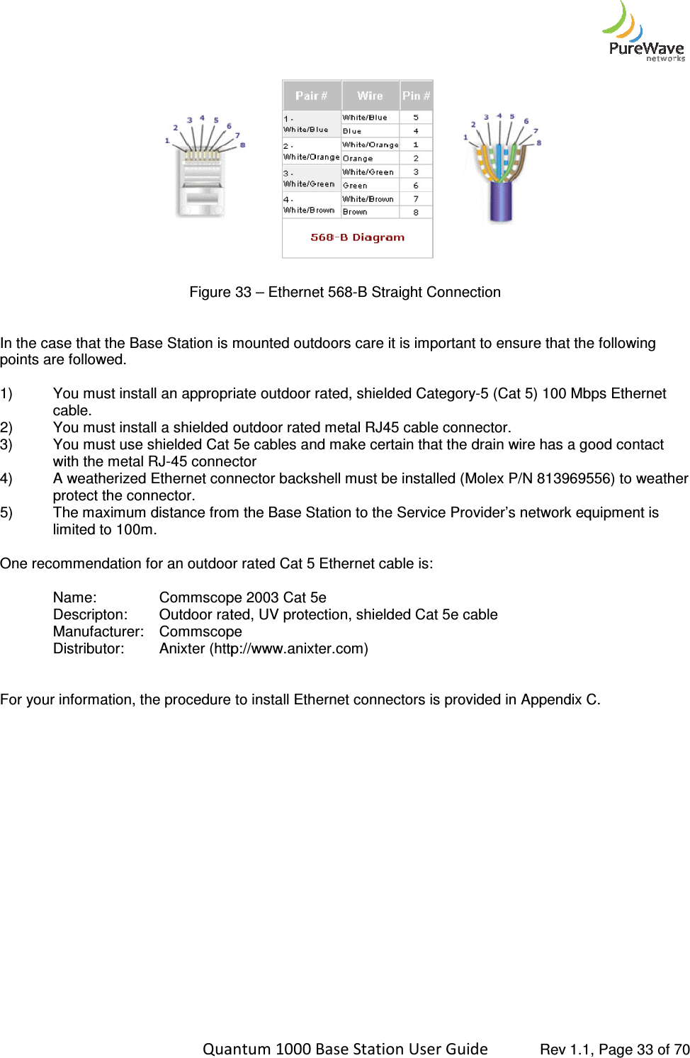    Quantum 1000 Base Station User  Figure  In the case that the Base Station is mounted outdoors care it is important to ensure that the following points are followed.   1) You must install an appropriate outdoor rated, shielded Categorycable.  2) You must install a shielded 3) You must use shielded Cat 5with the metal RJ-45 connector4) A weatherized Ethernet connector backshell must be installed (Molex P/N 813969556) to weathprotect the connector. 5) The maximum distance from the Base Station to the Service Provider’s network equipment is limited to 100m.   One recommendation for an outdoor rated Cat 5 Ethernet cable is: Name:   Commscope 2003 Cat 5eDescripton: Outdoor ratedManufacturer: CommscopeDistributor:  Anixter (http://www.  For your information, the procedure to install Ethernet connectors is provided in Appendix C.                 Quantum 1000 Base Station User Guide   Rev 1.1, Page  33 – Ethernet 568-B Straight Connection   In the case that the Base Station is mounted outdoors care it is important to ensure that the following You must install an appropriate outdoor rated, shielded Category-5 (Cat 5) 100 Mbps Ethernet You must install a shielded outdoor rated metal RJ45 cable connector. You must use shielded Cat 5e cables and make certain that the drain wire has a good contact 45 connector A weatherized Ethernet connector backshell must be installed (Molex P/N 813969556) to weathThe maximum distance from the Base Station to the Service Provider’s network equipment is One recommendation for an outdoor rated Cat 5 Ethernet cable is: Commscope 2003 Cat 5e  Outdoor rated, UV protection, shielded Cat 5e cable Commscope    (http://www.anixter.com)  For your information, the procedure to install Ethernet connectors is provided in Appendix C. Rev 1.1, Page 33 of 70 In the case that the Base Station is mounted outdoors care it is important to ensure that the following 5 (Cat 5) 100 Mbps Ethernet cables and make certain that the drain wire has a good contact A weatherized Ethernet connector backshell must be installed (Molex P/N 813969556) to weather The maximum distance from the Base Station to the Service Provider’s network equipment is For your information, the procedure to install Ethernet connectors is provided in Appendix C. 