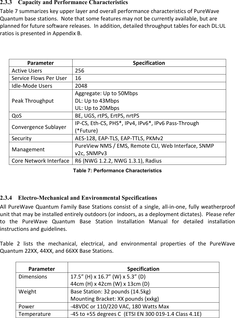 2.3.3 Capacity and Performance Characteristics Table 7 summarizes key upper layer and overall performance characteristics of PureWave Quantum base stations.  Note that some features may not be currently available, but are planned for future software releases.  In addition, detailed throughput tables for each DL:UL ratios is presented in Appendix B.    Parameter  Specification Active Users  256 Service Flows Per User  16 Idle-Mode Users  2048 Peak Throughput Aggregate: Up to 50Mbps DL: Up to 43Mbps UL: Up to 20Mbps QoS  BE, UGS, rtPS, ErtPS, nrtPS Convergence Sublayer  IP-CS, Eth-CS, PHS*, IPv4, IPv6*, IPv6 Pass-Through (*Future) Security  AES-128, EAP-TLS, EAP-TTLS, PKMv2 Management  PureView NMS / EMS, Remote CLI, Web Interface, SNMP v2c, SNMPv3 Core Network Interface R6 (NWG 1.2.2, NWG 1.3.1), Radius Table 7: Performance Characteristics   2.3.4 Electro-Mechanical and Environmental Specifications All PureWave Quantum Family Base Stations consist of a single, all-in-one, fully weatherproof unit that may be installed entirely outdoors (or indoors, as a deployment dictates).  Please refer to  the  PureWave  Quantum  Base  Station  Installation  Manual  for  detailed  installation instructions and guidelines.  Table  2  lists  the  mechanical,  electrical,  and  environmental  properties  of  the  PureWave Quantum 22XX, 44XX, and 66XX Base Stations.  Parameter  Specification Dimensions  17.5” (H) x 16.7” (W) x 5.3” (D) 44cm (H) x 42cm (W) x 13cm (D) Weight  Base Station: 32 pounds (14.5kg) Mounting Bracket: XX pounds (xxkg) Power  -48VDC or 110/220 VAC, 180 Watts Max Temperature  -45 to +55 degrees C  (ETSI EN 300 019-1.4 Class 4.1E) 