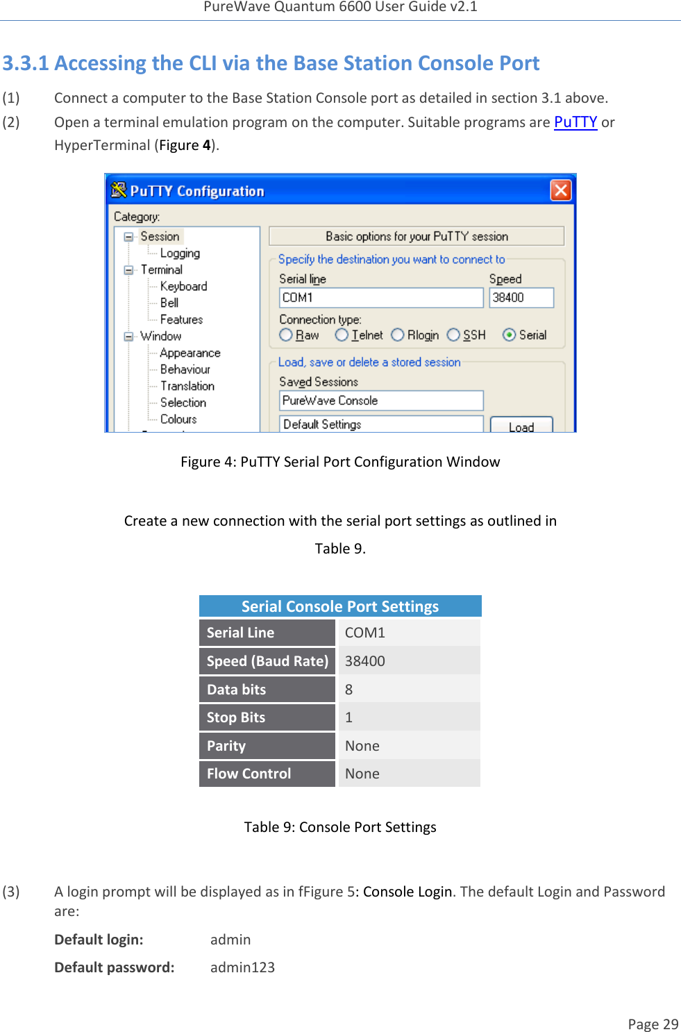 PureWave Quantum 6600 User Guide v2.1  Page 29    3.3.1 Accessing the CLI via the Base Station Console Port (1) Connect a computer to the Base Station Console port as detailed in section 3.1 above. (2) Open a terminal emulation program on the computer. Suitable programs are PuTTY or HyperTerminal (Figure 4).  Figure 4: PuTTY Serial Port Configuration Window  Create a new connection with the serial port settings as outlined in  Table 9.  Serial Console Port Settings Serial Line COM1 Speed (Baud Rate) 38400 Data bits 8 Stop Bits 1 Parity None Flow Control None  Table 9: Console Port Settings  (3) A login prompt will be displayed as in fFigure 5: Console Login. The default Login and Password are: Default login:     admin Default password:  admin123 