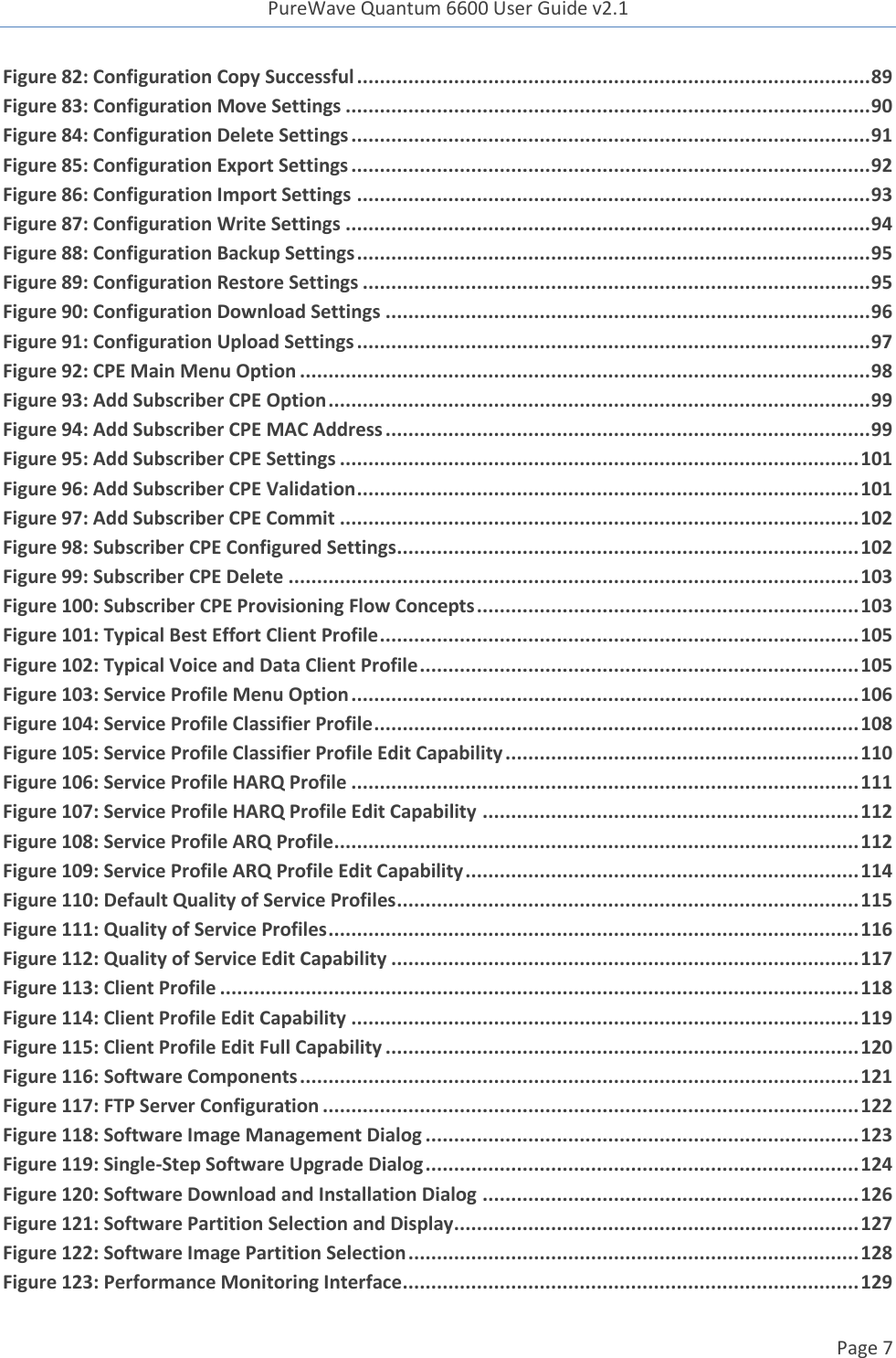 PureWave Quantum 6600 User Guide v2.1  Page 7    Figure 82: Configuration Copy Successful .......................................................................................... 89 Figure 83: Configuration Move Settings ............................................................................................ 90 Figure 84: Configuration Delete Settings ........................................................................................... 91 Figure 85: Configuration Export Settings ........................................................................................... 92 Figure 86: Configuration Import Settings .......................................................................................... 93 Figure 87: Configuration Write Settings ............................................................................................ 94 Figure 88: Configuration Backup Settings .......................................................................................... 95 Figure 89: Configuration Restore Settings ......................................................................................... 95 Figure 90: Configuration Download Settings ..................................................................................... 96 Figure 91: Configuration Upload Settings .......................................................................................... 97 Figure 92: CPE Main Menu Option .................................................................................................... 98 Figure 93: Add Subscriber CPE Option ............................................................................................... 99 Figure 94: Add Subscriber CPE MAC Address ..................................................................................... 99 Figure 95: Add Subscriber CPE Settings ........................................................................................... 101 Figure 96: Add Subscriber CPE Validation ........................................................................................ 101 Figure 97: Add Subscriber CPE Commit ........................................................................................... 102 Figure 98: Subscriber CPE Configured Settings ................................................................................. 102 Figure 99: Subscriber CPE Delete .................................................................................................... 103 Figure 100: Subscriber CPE Provisioning Flow Concepts ................................................................... 103 Figure 101: Typical Best Effort Client Profile .................................................................................... 105 Figure 102: Typical Voice and Data Client Profile ............................................................................. 105 Figure 103: Service Profile Menu Option ......................................................................................... 106 Figure 104: Service Profile Classifier Profile ..................................................................................... 108 Figure 105: Service Profile Classifier Profile Edit Capability .............................................................. 110 Figure 106: Service Profile HARQ Profile ......................................................................................... 111 Figure 107: Service Profile HARQ Profile Edit Capability .................................................................. 112 Figure 108: Service Profile ARQ Profile ............................................................................................ 112 Figure 109: Service Profile ARQ Profile Edit Capability ..................................................................... 114 Figure 110: Default Quality of Service Profiles ................................................................................. 115 Figure 111: Quality of Service Profiles ............................................................................................. 116 Figure 112: Quality of Service Edit Capability .................................................................................. 117 Figure 113: Client Profile ................................................................................................................ 118 Figure 114: Client Profile Edit Capability ......................................................................................... 119 Figure 115: Client Profile Edit Full Capability ................................................................................... 120 Figure 116: Software Components .................................................................................................. 121 Figure 117: FTP Server Configuration .............................................................................................. 122 Figure 118: Software Image Management Dialog ............................................................................ 123 Figure 119: Single-Step Software Upgrade Dialog ............................................................................ 124 Figure 120: Software Download and Installation Dialog .................................................................. 126 Figure 121: Software Partition Selection and Display ....................................................................... 127 Figure 122: Software Image Partition Selection ............................................................................... 128 Figure 123: Performance Monitoring Interface ................................................................................ 129 