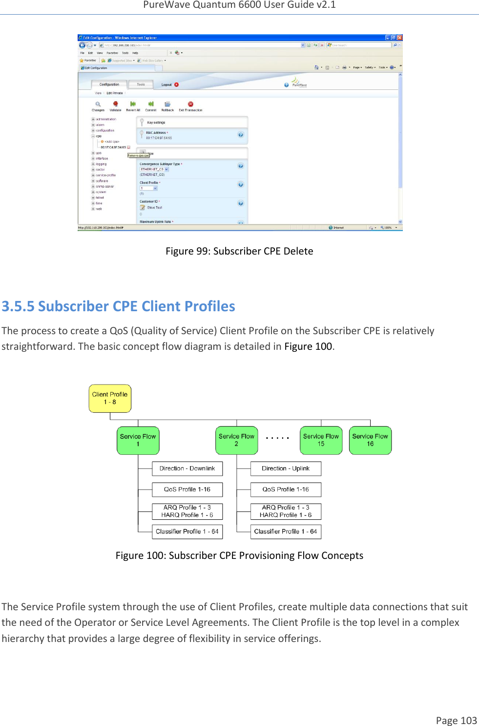 PureWave Quantum 6600 User Guide v2.1  Page 103      Figure 99: Subscriber CPE Delete  3.5.5 Subscriber CPE Client Profiles The process to create a QoS (Quality of Service) Client Profile on the Subscriber CPE is relatively straightforward. The basic concept flow diagram is detailed in Figure 100.    Figure 100: Subscriber CPE Provisioning Flow Concepts  The Service Profile system through the use of Client Profiles, create multiple data connections that suit the need of the Operator or Service Level Agreements. The Client Profile is the top level in a complex hierarchy that provides a large degree of flexibility in service offerings. 