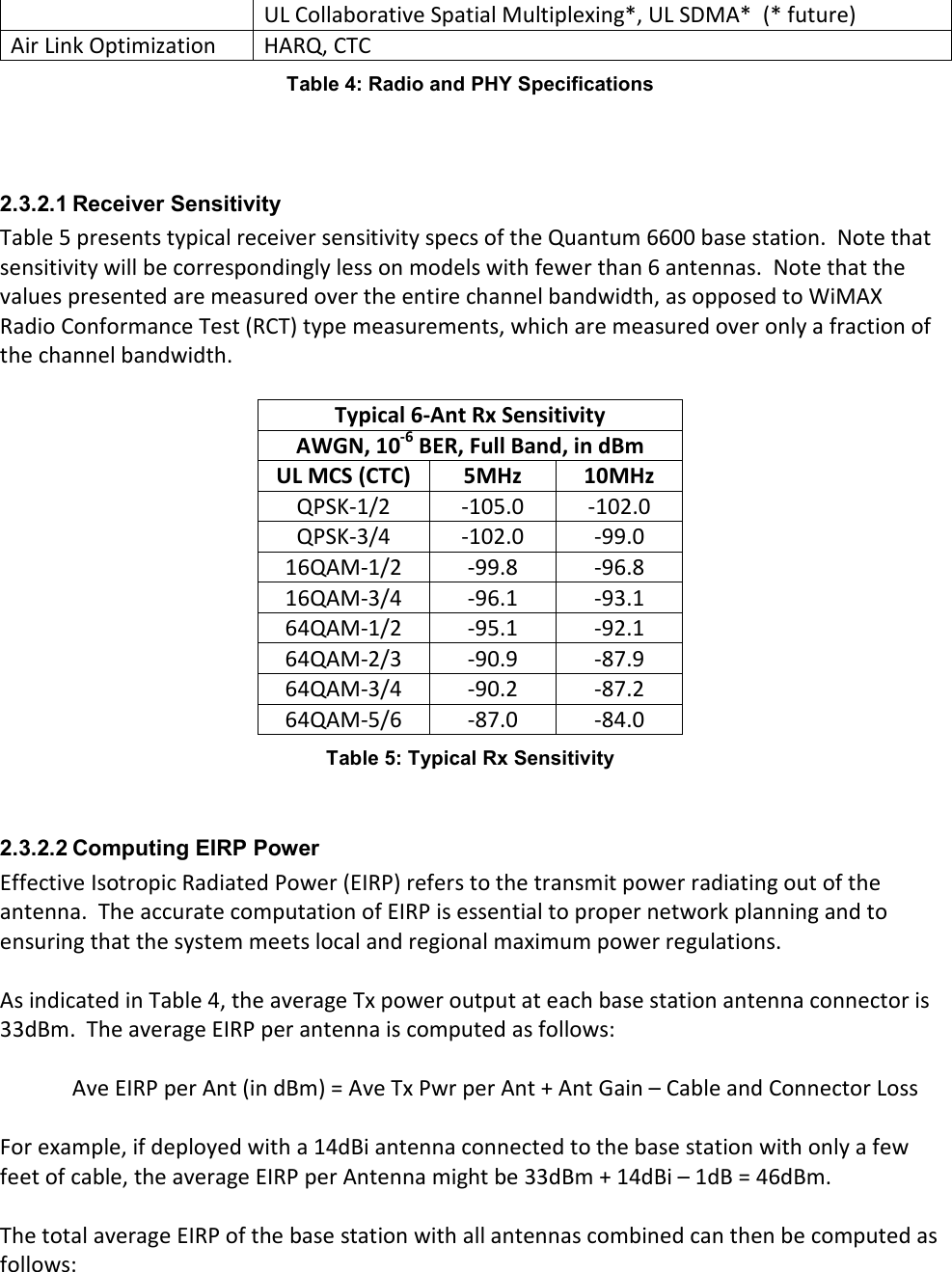 UL Collaborative Spatial Multiplexing*, UL SDMA*  (* future) Air Link Optimization  HARQ, CTC Table 4: Radio and PHY Specifications   2.3.2.1 Receiver Sensitivity Table 5 presents typical receiver sensitivity specs of the Quantum 6600 base station.  Note that sensitivity will be correspondingly less on models with fewer than 6 antennas.  Note that the values presented are measured over the entire channel bandwidth, as opposed to WiMAX Radio Conformance Test (RCT) type measurements, which are measured over only a fraction of the channel bandwidth.  Typical 6-Ant Rx Sensitivity AWGN, 10-6 BER, Full Band, in dBm UL MCS (CTC) 5MHz  10MHz QPSK-1/2  -105.0  -102.0 QPSK-3/4  -102.0  -99.0 16QAM-1/2  -99.8  -96.8 16QAM-3/4  -96.1  -93.1 64QAM-1/2  -95.1  -92.1 64QAM-2/3  -90.9  -87.9 64QAM-3/4  -90.2  -87.2 64QAM-5/6  -87.0  -84.0 Table 5: Typical Rx Sensitivity  2.3.2.2 Computing EIRP Power Effective Isotropic Radiated Power (EIRP) refers to the transmit power radiating out of the antenna.  The accurate computation of EIRP is essential to proper network planning and to ensuring that the system meets local and regional maximum power regulations.  As indicated in Table 4, the average Tx power output at each base station antenna connector is 33dBm.  The average EIRP per antenna is computed as follows:  Ave EIRP per Ant (in dBm) = Ave Tx Pwr per Ant + Ant Gain – Cable and Connector Loss  For example, if deployed with a 14dBi antenna connected to the base station with only a few feet of cable, the average EIRP per Antenna might be 33dBm + 14dBi – 1dB = 46dBm.  The total average EIRP of the base station with all antennas combined can then be computed as follows: 