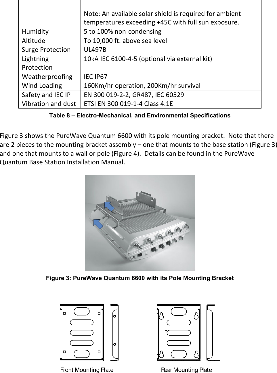  Note: An available solar shield is required for ambient temperatures exceeding +45C with full sun exposure. Humidity  5 to 100% non-condensing Altitude  To 10,000 ft. above sea level Surge Protection  UL497B Lightning Protection 10kA IEC 6100-4-5 (optional via external kit) Weatherproofing  IEC IP67 Wind Loading  160Km/hr operation, 200Km/hr survival Safety and IEC IP  EN 300 019-2-2, GR487, IEC 60529 Vibration and dust  ETSI EN 300 019-1-4 Class 4.1E Table 8 – Electro-Mechanical, and Environmental Specifications  Figure 3 shows the PureWave Quantum 6600 with its pole mounting bracket.  Note that there are 2 pieces to the mounting bracket assembly – one that mounts to the base station (Figure 3) and one that mounts to a wall or pole (Figure 4).  Details can be found in the PureWave Quantum Base Station Installation Manual.   Figure 3: PureWave Quantum 6600 with its Pole Mounting Bracket   Front Mounting Plate Rear Mounting Plate  