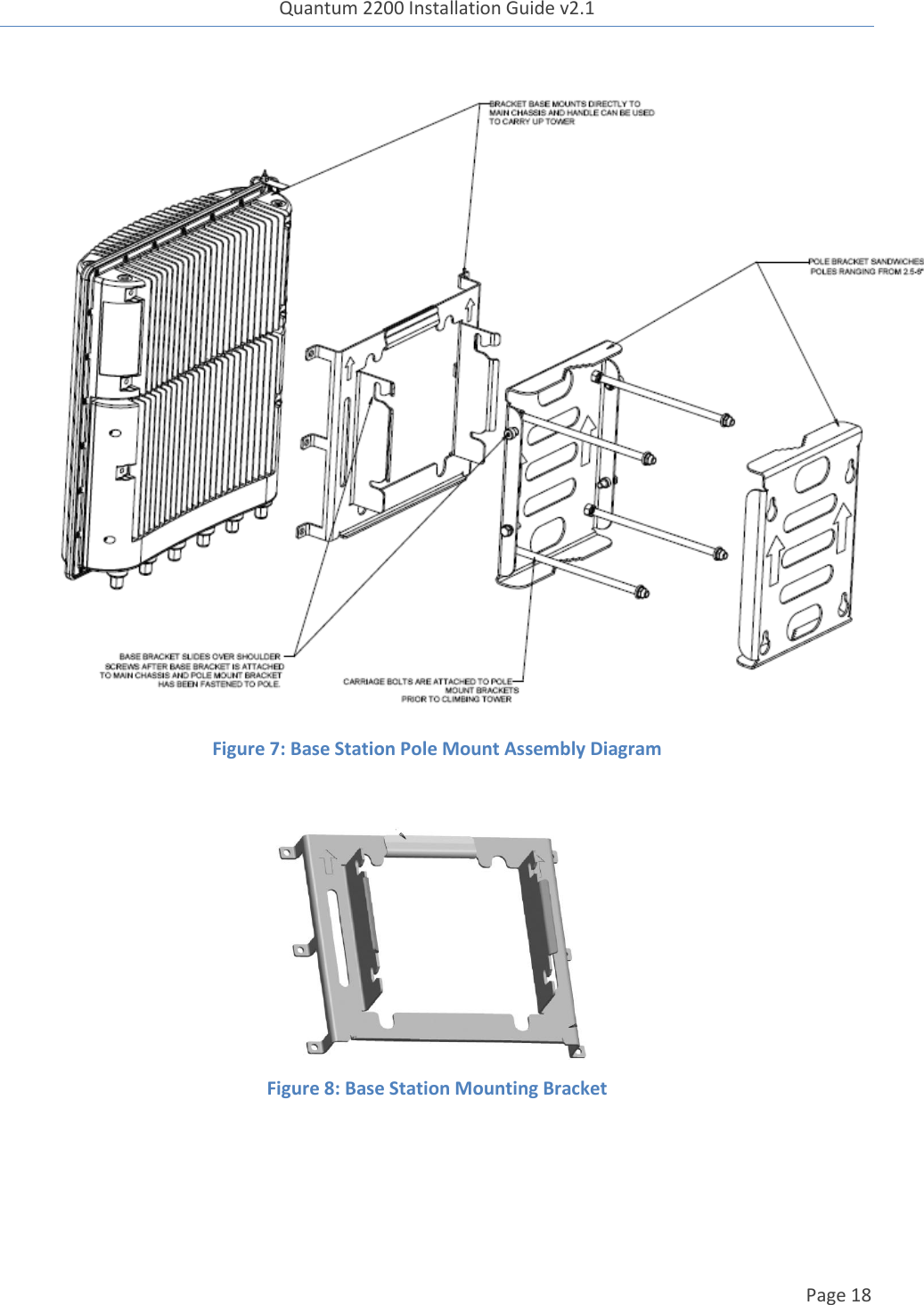 Quantum 2200 Installation Guide v2.1   Page 18    Figure 7: Base Station Pole Mount Assembly Diagram   Figure 8: Base Station Mounting Bracket  