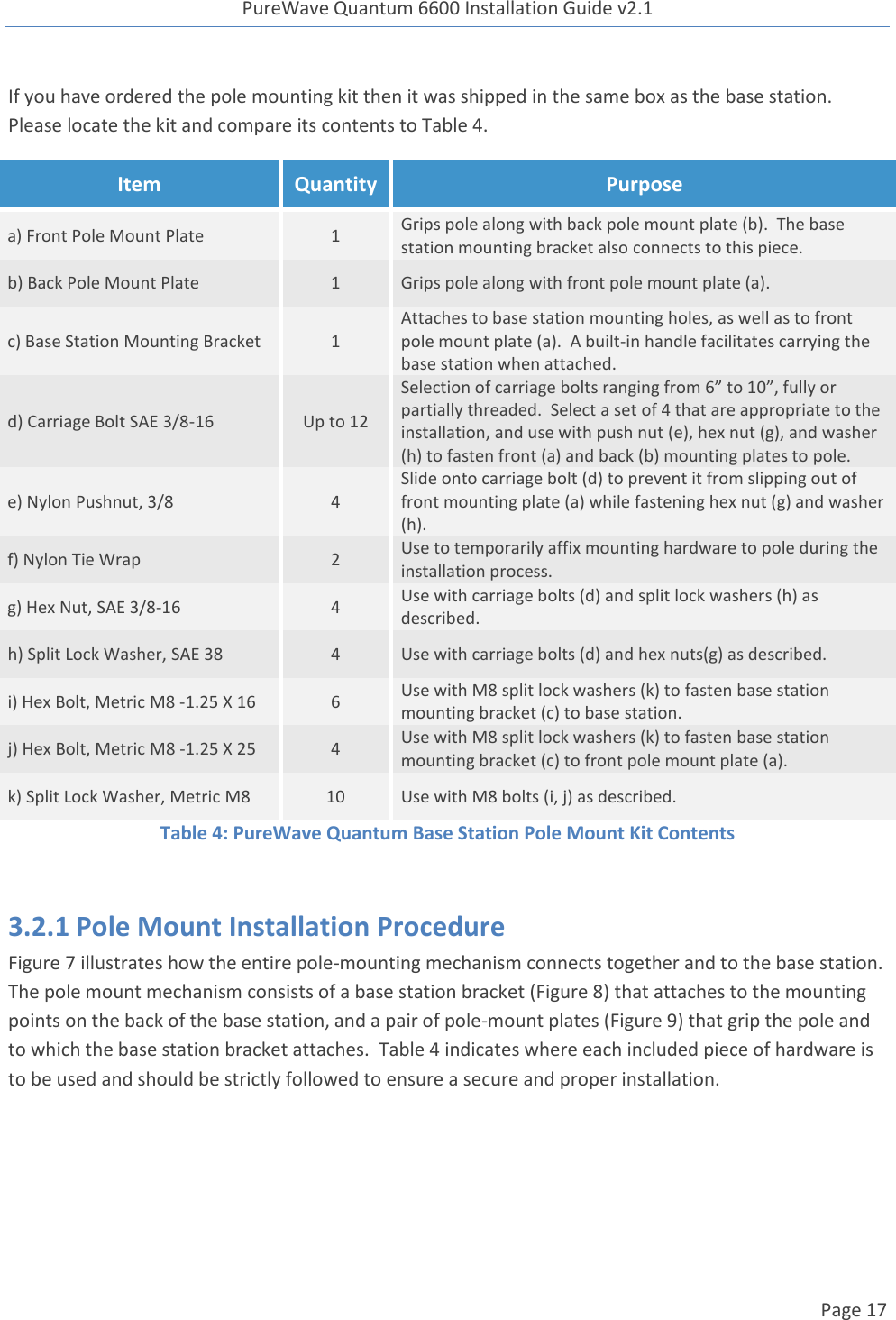 PureWave Quantum 6600 Installation Guide v2.1   Page 17   If you have ordered the pole mounting kit then it was shipped in the same box as the base station.  Please locate the kit and compare its contents to Table 4. Item Quantity Purpose a) Front Pole Mount Plate 1 Grips pole along with back pole mount plate (b).  The base station mounting bracket also connects to this piece. b) Back Pole Mount Plate 1 Grips pole along with front pole mount plate (a). c) Base Station Mounting Bracket 1 Attaches to base station mounting holes, as well as to front pole mount plate (a).  A built-in handle facilitates carrying the base station when attached. d) Carriage Bolt SAE 3/8-16 Up to 12 Selection of carriage bolts ranging from 6” to 10”, fully or partially threaded.  Select a set of 4 that are appropriate to the installation, and use with push nut (e), hex nut (g), and washer (h) to fasten front (a) and back (b) mounting plates to pole. e) Nylon Pushnut, 3/8 4 Slide onto carriage bolt (d) to prevent it from slipping out of front mounting plate (a) while fastening hex nut (g) and washer (h). f) Nylon Tie Wrap 2 Use to temporarily affix mounting hardware to pole during the installation process. g) Hex Nut, SAE 3/8-16 4 Use with carriage bolts (d) and split lock washers (h) as described. h) Split Lock Washer, SAE 38 4 Use with carriage bolts (d) and hex nuts(g) as described. i) Hex Bolt, Metric M8 -1.25 X 16 6 Use with M8 split lock washers (k) to fasten base station mounting bracket (c) to base station. j) Hex Bolt, Metric M8 -1.25 X 25 4 Use with M8 split lock washers (k) to fasten base station mounting bracket (c) to front pole mount plate (a). k) Split Lock Washer, Metric M8 10 Use with M8 bolts (i, j) as described. Table 4: PureWave Quantum Base Station Pole Mount Kit Contents  3.2.1 Pole Mount Installation Procedure Figure 7 illustrates how the entire pole-mounting mechanism connects together and to the base station.  The pole mount mechanism consists of a base station bracket (Figure 8) that attaches to the mounting points on the back of the base station, and a pair of pole-mount plates (Figure 9) that grip the pole and to which the base station bracket attaches.  Table 4 indicates where each included piece of hardware is to be used and should be strictly followed to ensure a secure and proper installation. 