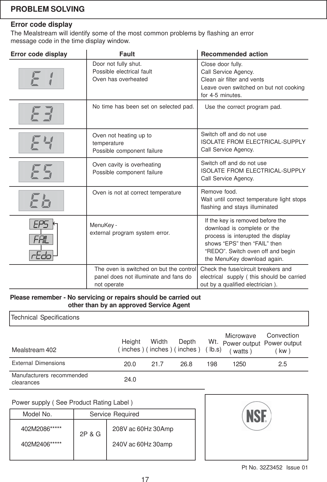 17Please remember - No servicing or repairs should be carried outother than by an approved Service AgentTechnical SpecificationsMealstream 402Height( inches ) Width( inches ) Depth( inches )21.720.0 26.8Microwave Power output( watts )ConvectionPower output( kw )1250 2.5Wt.( lb.s)198Pt No. 32Z3452  Issue 01Manufacturers recommendedclearances 24.0Power supply ( See Product Rating Label )2P &amp; G 208V ac 60Hz 30Amp240V ac 60Hz 30amp402M2086*****402M2406*****Service RequiredModel No.External DimensionsError code displayThe Mealstream will identify some of the most common problems by flashing an errormessage code in the time display window.Error code display Fault Recommended actionOven not heating up totemperaturePossible component failureDoor not fully shut.Possible electrical faultOven has overheatedNo time has been set on selected pad.Close door fully.Call Service Agency.Clean air filter and ventsLeave oven switched on but not cookingfor 4-5 minutes.Switch off and do not useISOLATE FROM ELECTRICAL-SUPPLYCall Service Agency.Remove food.Wait until correct temperature light stopsflashing and stays illuminatedCheck the fuse/circuit breakers andelectrical  supply ( this should be carriedout by a qualified electrician ).PROBLEM SOLVINGUse the correct program pad.Oven cavity is overheatingPossible component failureOven is not at correct temperatureThe oven is switched on but the controlpanel does not illuminate and fans donot operateSwitch off and do not useISOLATE FROM ELECTRICAL-SUPPLYCall Service Agency.MenuKey -external program system error.If the key is removed before thedownload is complete or theprocess is interupted the displayshows &ldquo;EPS&rdquo; then &ldquo;FAIL&rdquo; then&ldquo;REDO&rdquo;. Switch oven off and beginthe MenuKey download again.