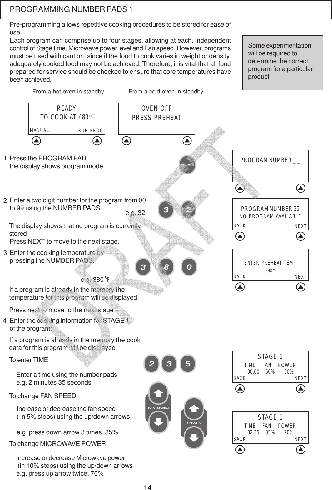 14Each program can comprise up to four stages, allowing at each, independentcontrol of Stage time, Microwave power level and Fan speed. However, programsmust be used with caution, since if the food to cook varies in weight or density,adequately cooked food may not be achieved. Therefore, it is vital that all foodprepared for service should be checked to ensure that core temperatures havebeen achieved.Press the PROGRAM PADthe display shows program mode.Enter the cooking temperature bypressing the NUMBER PADS.123Enter the cooking information for STAGE 1of the program:Some experimentationwill be required todetermine the correctprogram for a particularproduct.Pre-programming allows repetitive cooking procedures to be stored for ease ofuse.PROGRAMMING NUMBER PADS 1Enter a two digit number for the program from 00to 99 using the NUMBER PADS. e.g. 32BACK NEXTENTER PREHEAT TEMP 380&deg;FBACK NEXTe.g. 380&deg;FFrom a hot oven in standby From a cold oven in standbyPress NEXT to move to the next stage.Press next to move to the next stageIf a program is already in the memory thetemperature for this program will be displayed.OVEN OFFPRESS PREHEATREADY TO COOK AT 480&deg;FRUN PROGMANUALPROGRAM NUMBER _ _PROGRAM NUMBER 32NO PROGRAM AVAILABLEThe display shows that no program is currentlystoredIf a program is already in the memory the cookdata for this program will be displayedIncrease or decrease the fan speed( in 5% steps) using the up/down arrowse.g  press down arrow 3 times, 35%To change FAN SPEEDEnter a time using the number padse.g. 2 minutes 35 secondsIncrease or decrease Microwave power (in 10% steps) using the up/down arrowse.g. press up arrow twice, 70%To change MICROWAVE POWERTo enter TIME4STAGE 1TIME    FAN    POWERBACK NEXT00.00    50%      50%STAGE 1TIME    FAN    POWERBACK NEXT02.35    35%      70%   