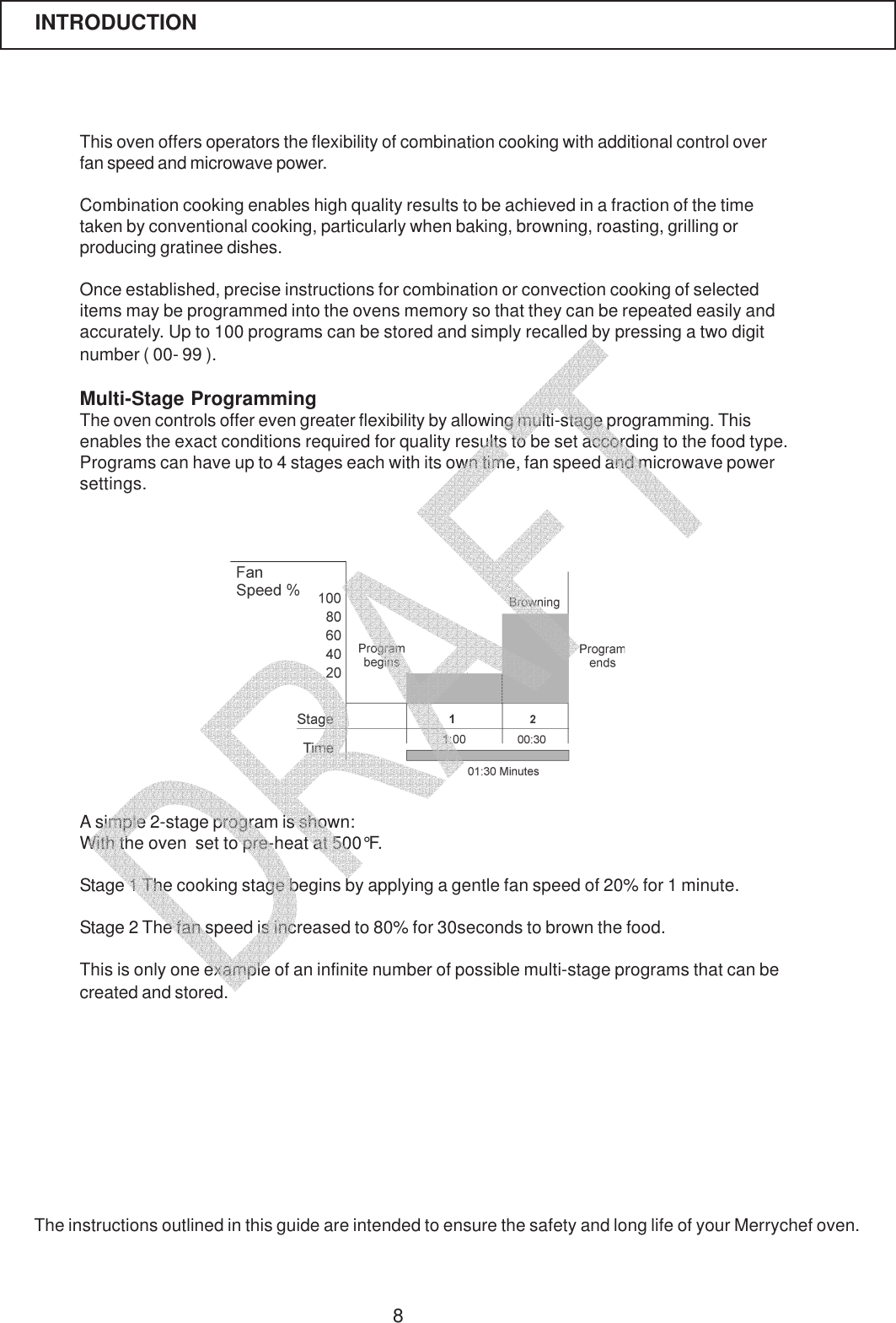 8This oven offers operators the flexibility of combination cooking with additional control overfan speed and microwave power.Combination cooking enables high quality results to be achieved in a fraction of the timetaken by conventional cooking, particularly when baking, browning, roasting, grilling orproducing gratinee dishes.Once established, precise instructions for combination or convection cooking of selecteditems may be programmed into the ovens memory so that they can be repeated easily andaccurately. Up to 100 programs can be stored and simply recalled by pressing a two digitnumber ( 00- 99 ).Multi-Stage ProgrammingThe oven controls offer even greater flexibility by allowing multi-stage programming. Thisenables the exact conditions required for quality results to be set according to the food type.Programs can have up to 4 stages each with its own time, fan speed and microwave powersettings.A simple 2-stage program is shown:With the oven  set to pre-heat at 500&deg;F.Stage 1 The cooking stage begins by applying a gentle fan speed of 20% for 1 minute.Stage 2 The fan speed is increased to 80% for 30seconds to brown the food.This is only one example of an infinite number of possible multi-stage programs that can becreated and stored.The instructions outlined in this guide are intended to ensure the safety and long life of your Merrychef oven.INTRODUCTION   