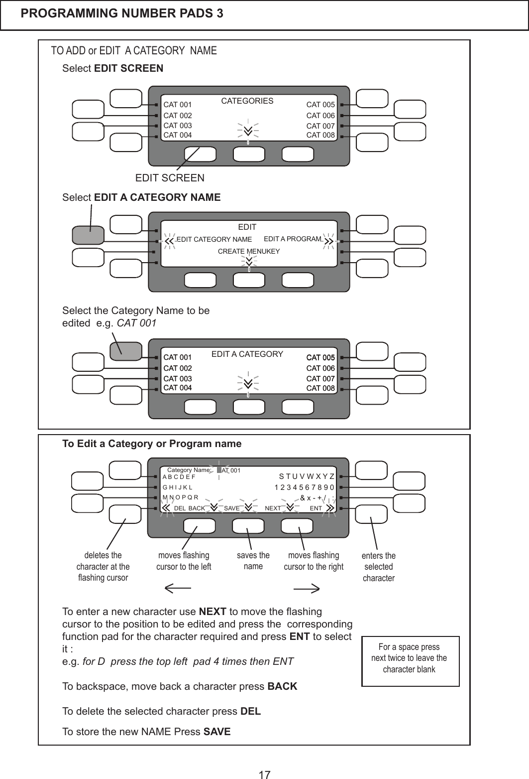 17CAT 005CAT 006CAT 007CAT 008CAT 001CAT 002CAT 003CAT 004EDIT A CATEGORYCAT 005CAT 006CAT 007CAT 008CAT 001CAT 002CAT 003CAT 004CAT 005CAT 006CAT 007CAT 008CAT 001CAT 002CAT 003CAT 004CATEGORIESEDIT CATEGORY NAME CREATE MENUKEYEDIT A PROGRAMEDITPROGRAMMING NUMBER PADS 3  Select EDIT A CATEGORY NAMETO ADD or EDIT  A CATEGORY  NAMETo enter a new character use NEXTtomovetheashingcursor to the position to be edited and press the  corresponding function pad for the character required and press ENT to select it :e.g. for D  press the top left  pad 4 times then ENTTobackspace,movebackacharacterpress BACKTo delete the selected character press DELSelecttheCategoryNametobeedited  e.g. CAT 001S T U V W X Y Z  1 2 3 4 5 6 7 8 9 0&amp;x-+/,:A B C D E F CAT 001G H I J K LM N O P Q RCategoryName:ENTDEL BACK SAVE NEXTmoves ashing cursor to the leftsaves the namemoves ashing cursor to the rightdeletes the character at the ashing cursorenters the selected characterSelect EDIT SCREENEDIT SCREENTo store the new NAME Press SAVE For a space press next twice to leave the character blankTo Edit a Category or Program name
