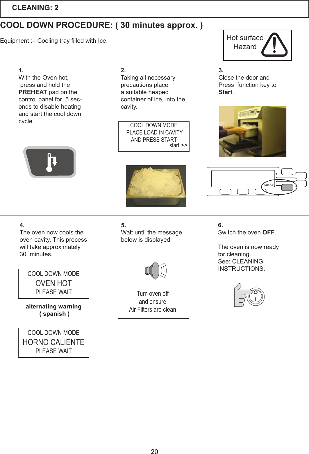 201.With the Oven hot, press and hold thePREHEAT pad on the control panel for  5 sec-onds to disable heating and start the cool down cycle.3.Close the door and Press  function key to Start.2.Taking all necessary precautions place a suitable heaped container of ice, into the cavity.4.The oven now cools the oven cavity. This process willtakeapproximately30minutes.5.Waituntilthemessagebelow is displayed.6.Switch the oven OFF.The oven is now ready for cleaning.See: CLEANING INSTRUCTIONS.CLEANING: 2COOL DOWN PROCEDURE: ( 30 minutes approx. )Equipment:&ndash;CoolingtraylledwithIce. Hot surface Hazardalternating warning ( spanish )COOL DOWN MODE PLACE LOAD IN CAVITYAND PRESS STARTCOOL DOWN MODEOVEN HOTPLEASE WAITCOOL DOWN MODEHORNO CALIENTEPLEASE WAITTurn oven offand ensureAir Filters are cleanstart >>Start >>