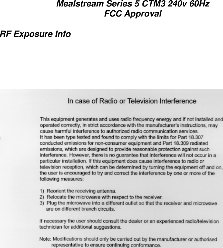  Mealstream Series 5 CTM3 240v 60Hz FCC Approval  RF Exposure Info 