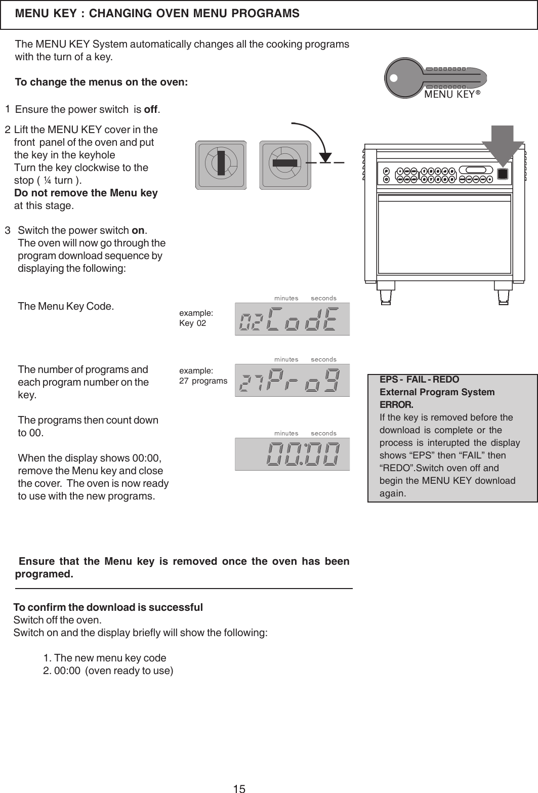 15MENU KEY : CHANGING OVEN MENU PROGRAMS123Lift the MENU KEY cover in thefront  panel of the oven and putthe key in the keyholeTurn the key clockwise to thestop ( &frac14; turn ).Do not remove the Menu keyat this stage.The MENU KEY System automatically changes all the cooking programswith the turn of a key.To change the menus on the oven:Ensure the power switch  is off.Switch the power switch on.The oven will now go through theprogram download sequence bydisplaying the following:The Menu Key Code.The number of programs andeach program number on thekey.The programs then count downto 00.When the display shows 00:00,remove the Menu key and closethe cover.  The oven is now readyto use with the new programs.To confirm the download is successfulSwitch off the oven.Switch on and the display briefly will show the following:1. The new menu key code2. 00:00  (oven ready to use)EPS -  FAIL - REDOExternal Program SystemERROR.If the key is removed before thedownload is complete or theprocess is interupted the displayshows &ldquo;EPS&rdquo; then &ldquo;FAIL&rdquo; then&ldquo;REDO&rdquo;.Switch oven off andbegin the MENU KEY downloadagain.example:Key 02example:27 programs Ensure that the Menu key is removed once the oven has beenprogramed.