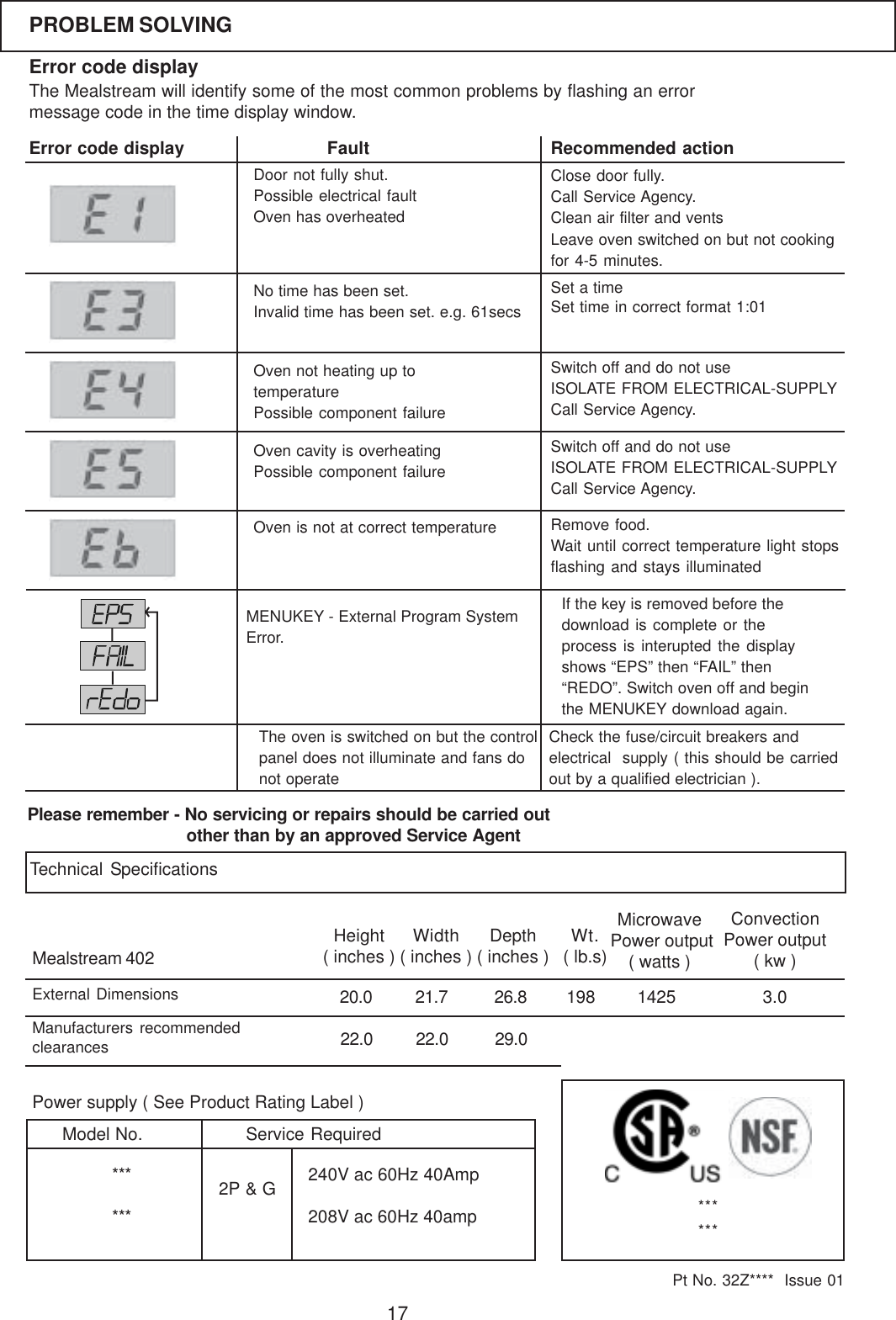 17Please remember - No servicing or repairs should be carried outother than by an approved Service AgentTechnical SpecificationsMealstream 402Height( inches ) Width( inches ) Depth( inches )21.720.0 26.8Microwave Power output( watts )ConvectionPower output( kw )1425 3.0Wt.( lb.s)198******Pt No. 32Z****  Issue 01Manufacturers recommendedclearances 22.022.0 29.0Power supply ( See Product Rating Label )2P &amp; G 240V ac 60Hz 40Amp208V ac 60Hz 40amp******Service RequiredModel No.External DimensionsError code displayThe Mealstream will identify some of the most common problems by flashing an errormessage code in the time display window.Error code display Fault Recommended actionOven not heating up totemperaturePossible component failureDoor not fully shut.Possible electrical faultOven has overheatedNo time has been set.Invalid time has been set. e.g. 61secsClose door fully.Call Service Agency.Clean air filter and ventsLeave oven switched on but not cookingfor 4-5 minutes.Switch off and do not useISOLATE FROM ELECTRICAL-SUPPLYCall Service Agency.Remove food.Wait until correct temperature light stopsflashing and stays illuminatedCheck the fuse/circuit breakers andelectrical  supply ( this should be carriedout by a qualified electrician ).PROBLEM SOLVINGSet a timeSet time in correct format 1:01Oven cavity is overheatingPossible component failureOven is not at correct temperatureThe oven is switched on but the controlpanel does not illuminate and fans donot operateSwitch off and do not useISOLATE FROM ELECTRICAL-SUPPLYCall Service Agency.MENUKEY - External Program SystemError.If the key is removed before thedownload is complete or theprocess is interupted the displayshows &ldquo;EPS&rdquo; then &ldquo;FAIL&rdquo; then&ldquo;REDO&rdquo;. Switch oven off and beginthe MENUKEY download again.