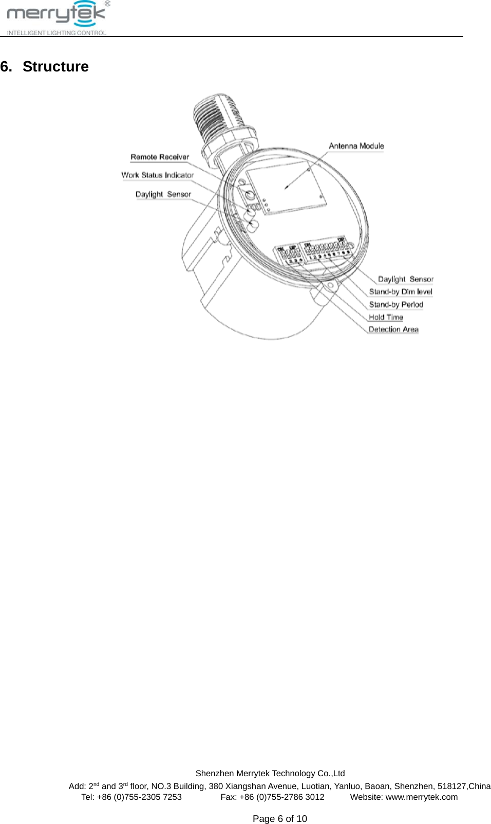                                                Shenzhen Merrytek Technology Co.,Ltd Add: 2nd and 3rd floor, NO.3 Building, 380 Xiangshan Avenue, Luotian, Yanluo, Baoan, Shenzhen, 518127,China Tel: +86 (0)755-2305 7253         Fax: +86 (0)755-2786 3012      Website: www.merrytek.com  Page 6 of 10    6. Structure              